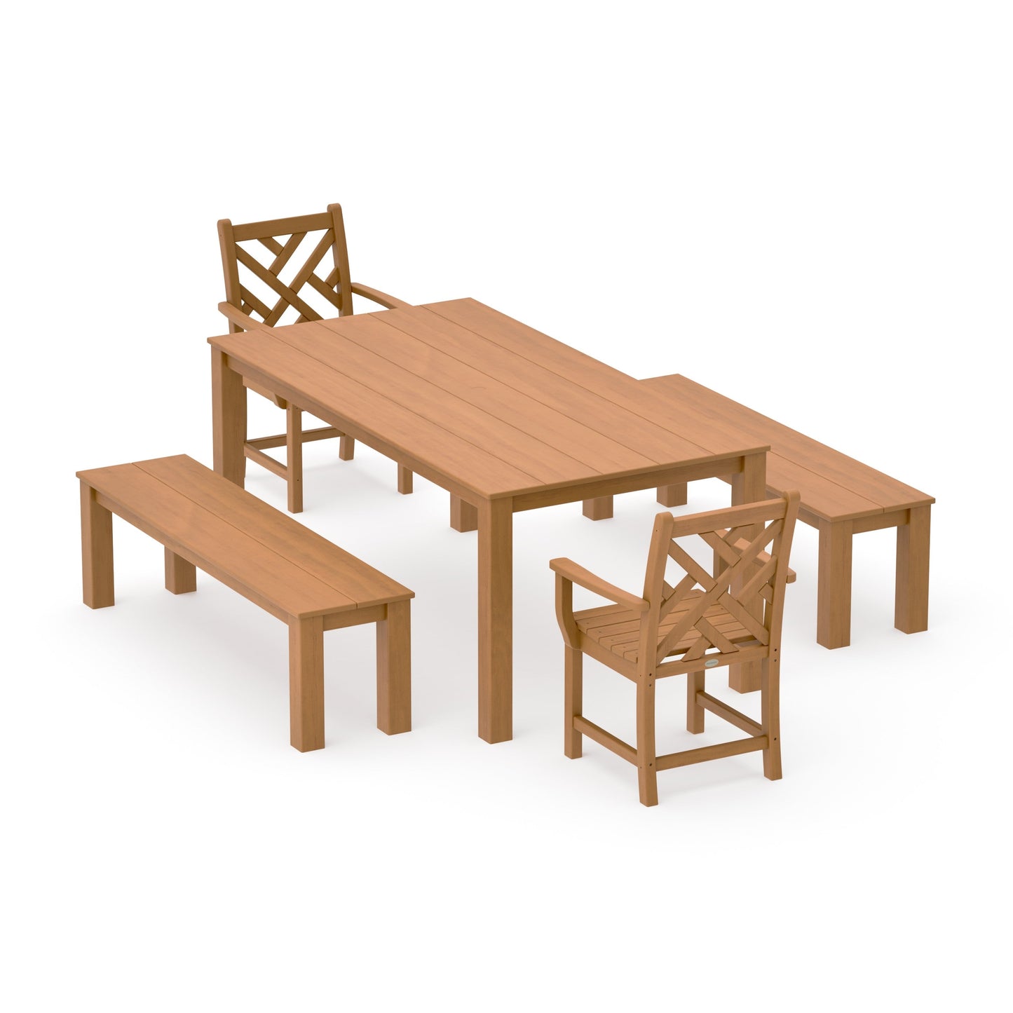 POLYWOOD Chippendale 5-Piece Parsons Dining Set with Benches — Natural