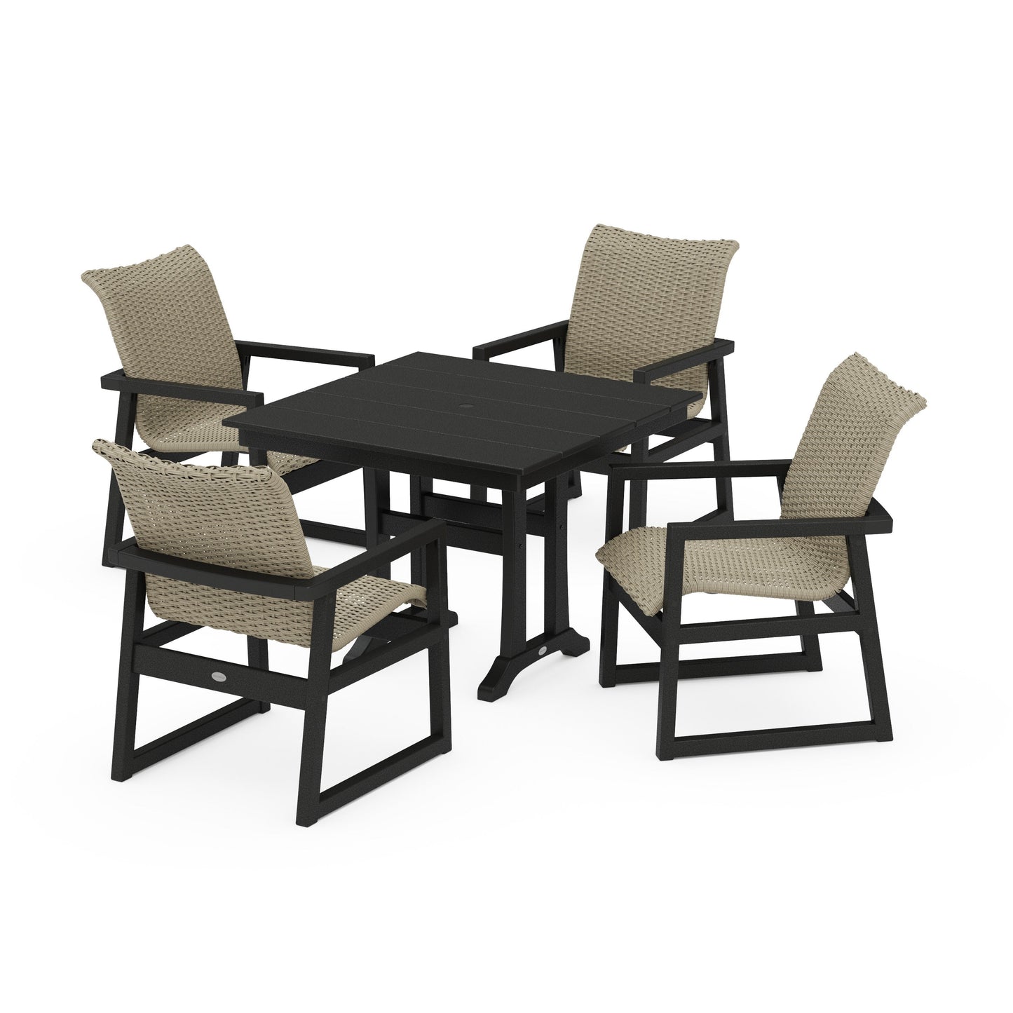 POLYWOOD EDGE Woven 5-Piece Farmhouse Dining Set with Trestle Legs — Black / Dune Grass