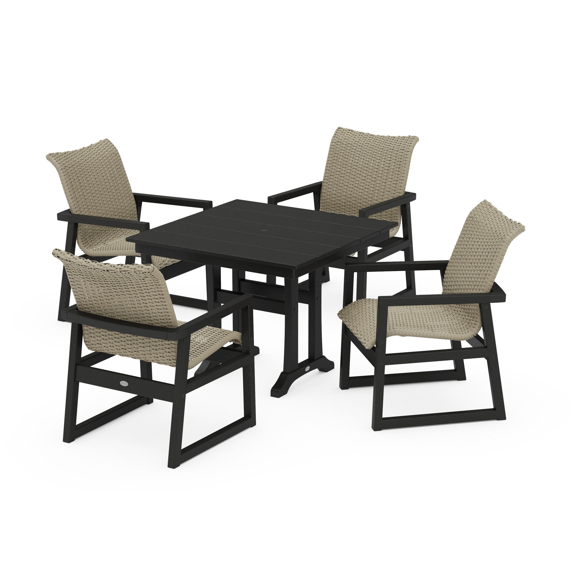POLYWOOD EDGE Woven 5-Piece Farmhouse Dining Set with Trestle Legs — Black / Dune Grass