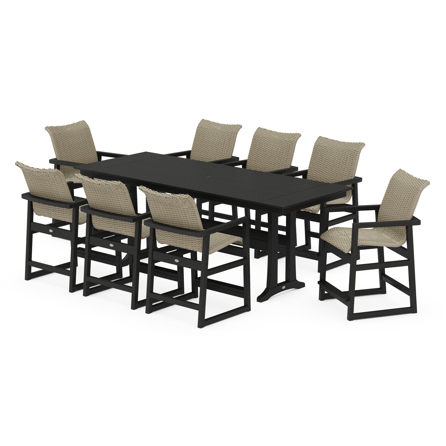 POLYWOOD EDGE Woven 9-Piece Farmhouse Counter Set with Trestle Legs — Black / Dune Grass