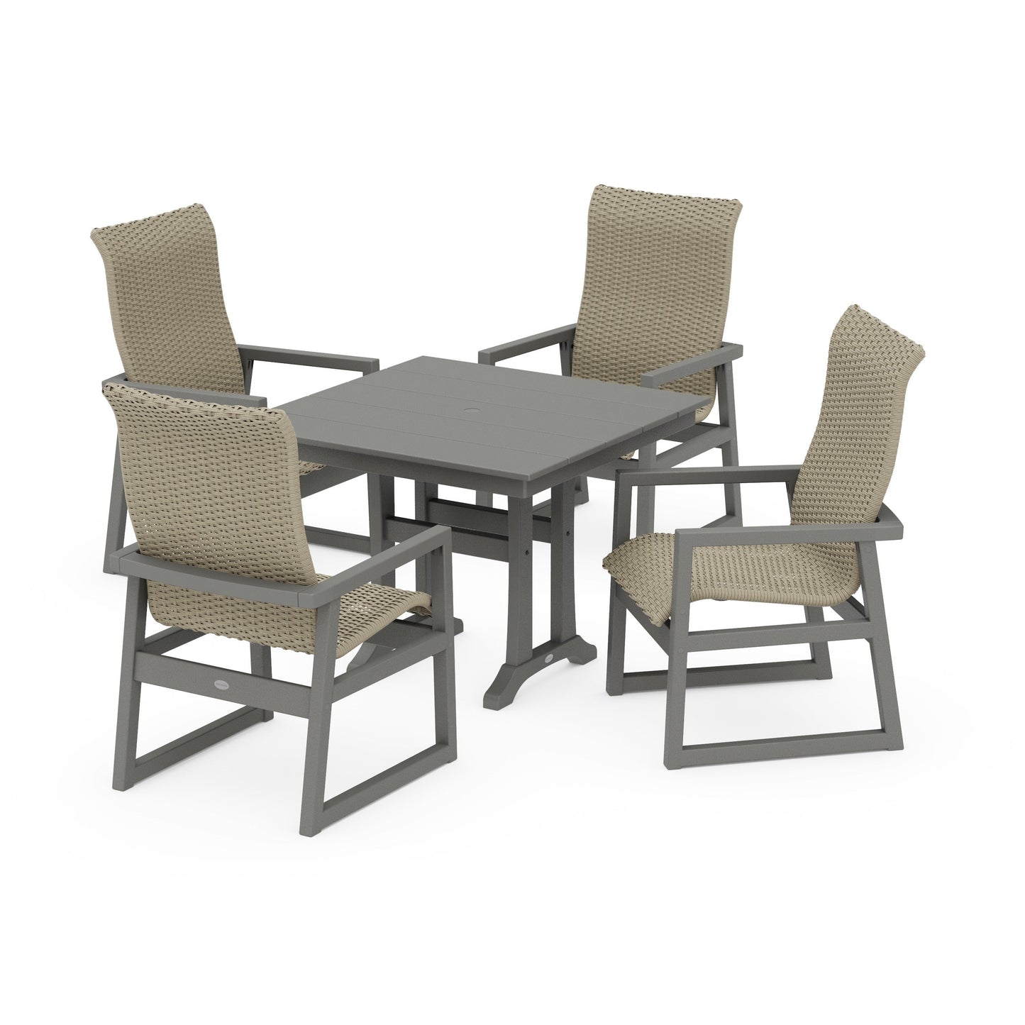 POLYWOOD EDGE Woven Highback 5-Piece Farmhouse Dining Set with Trestle Legs — Slate Grey / Dune Grass