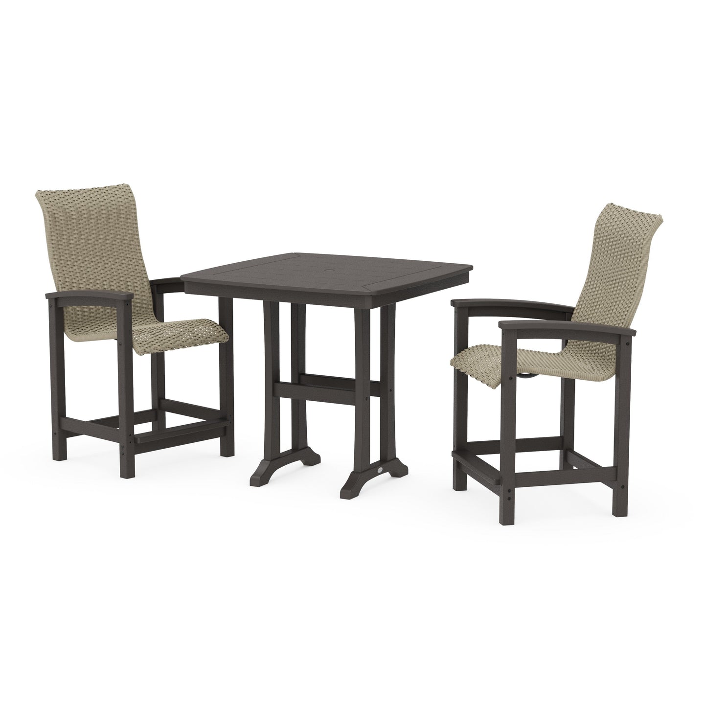 POLYWOOD Coastal Woven High-Back 3-Piece Counter Set with Trestle Legs — Vintage Coffee / Dune Grass
