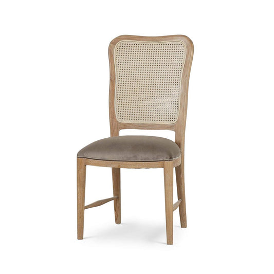 Bramble Laurna Teak Dining Chair in Teak White Wash with Seat in Espresso Brown Velvet Fabric & Sandbar Rattan Back