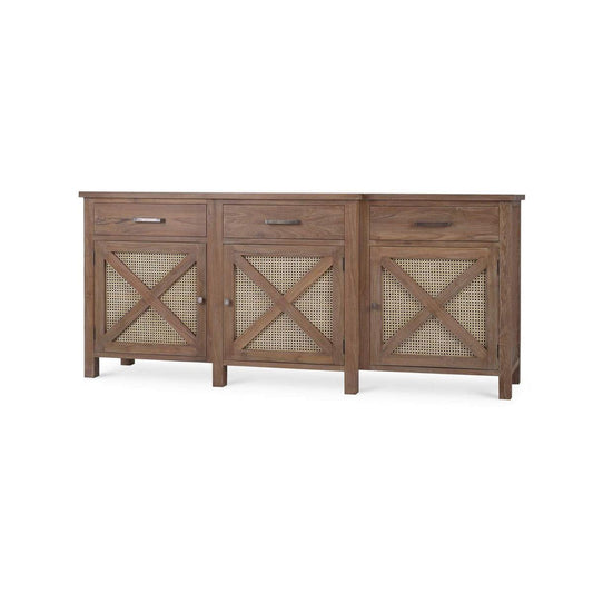 Bramble Silvia Reclaimed Teak 3 Door Sideboard in Teak Straw Wash with Rattan Natural Door Panels
