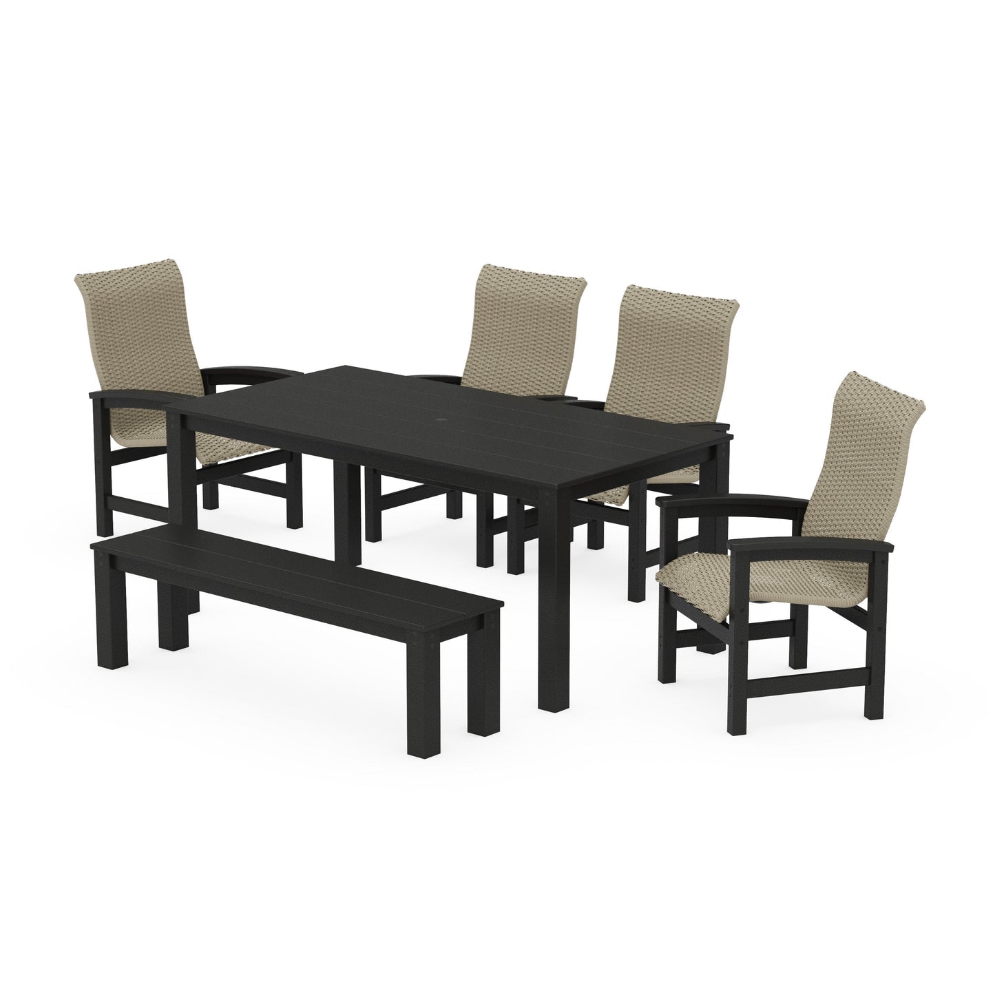 POLYWOOD Coastal Woven High-Back 6-Piece Parsons Dining Set with Bench — Black / Dune Grass