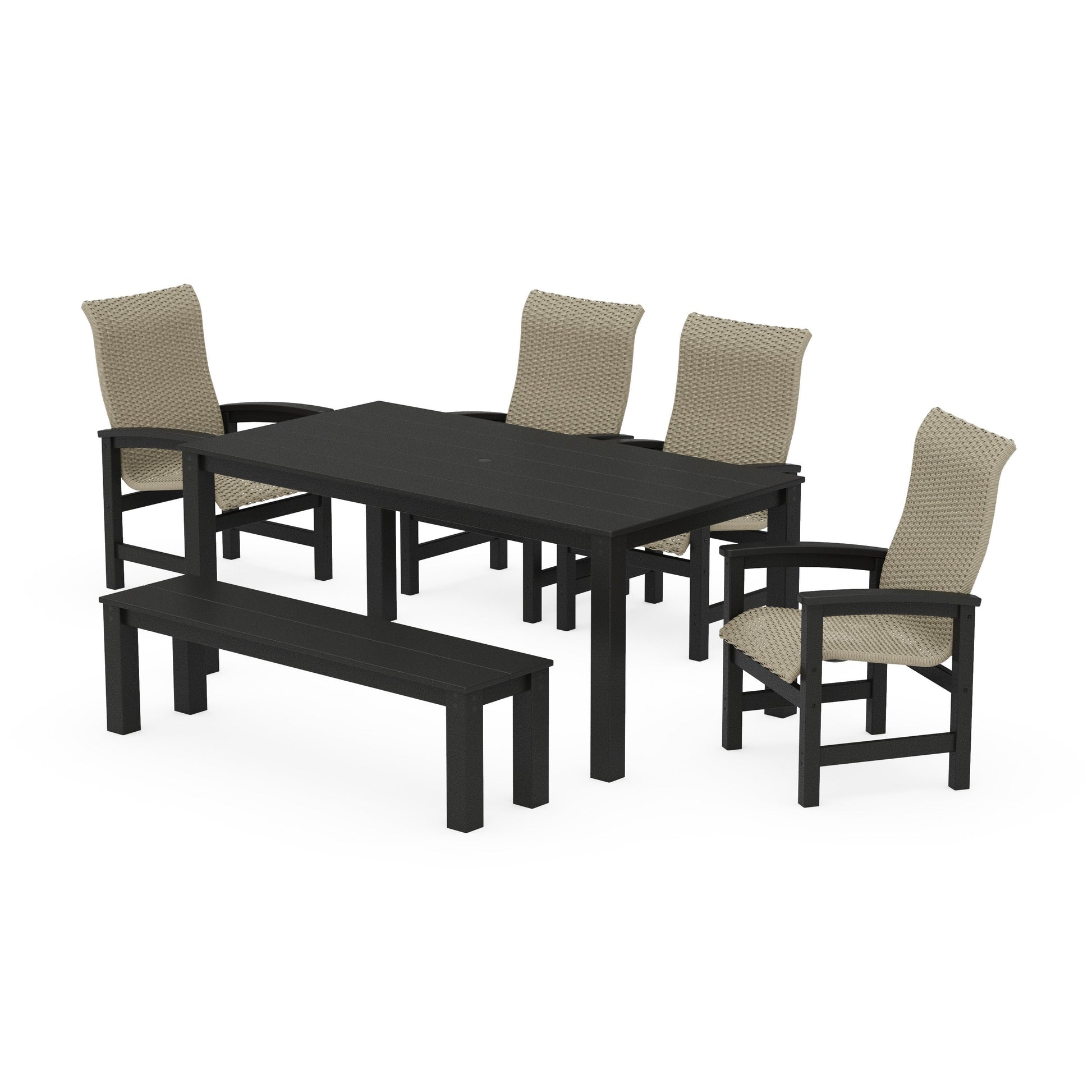 POLYWOOD Coastal Woven High-Back 6-Piece Parsons Dining Set with Bench — Black / Dune Grass