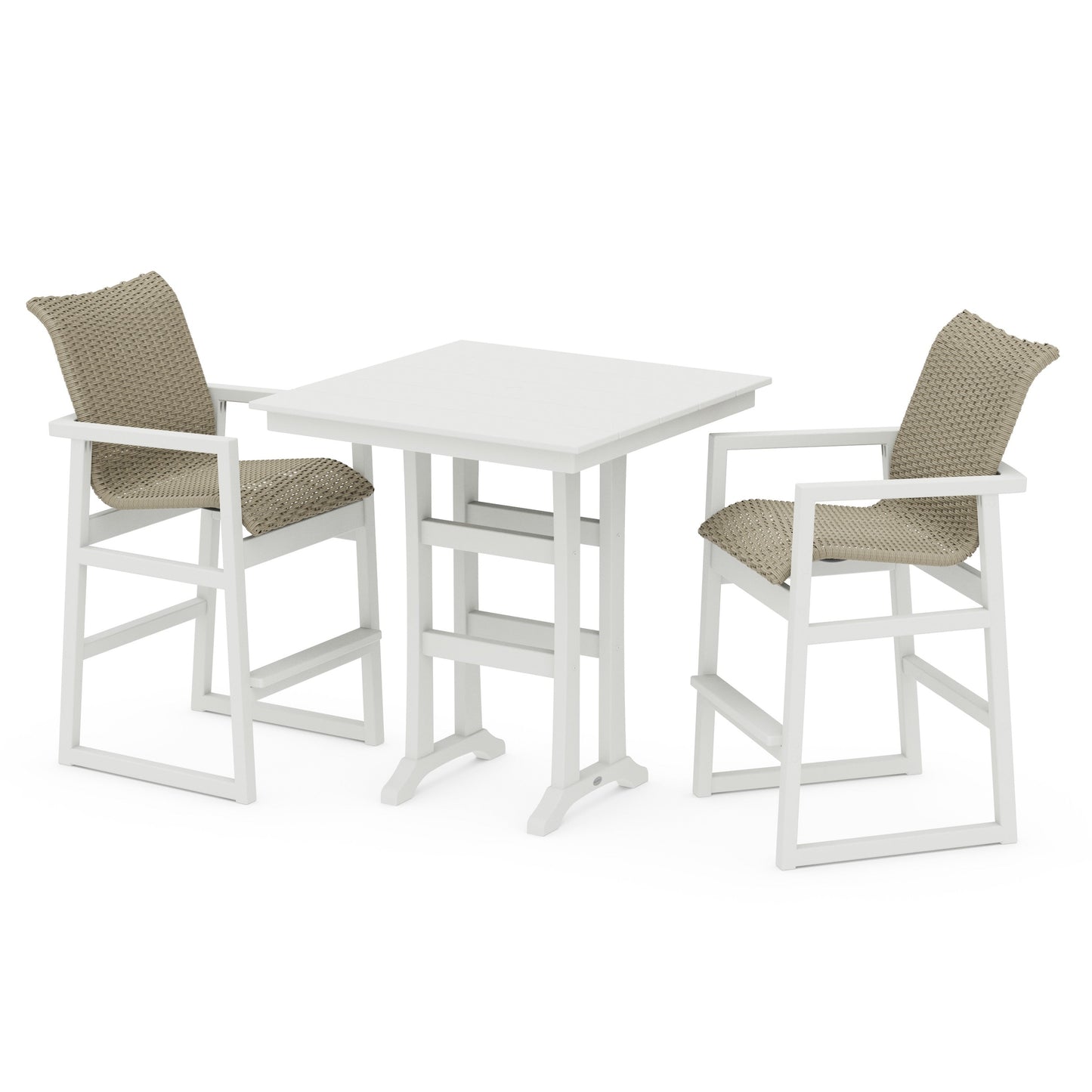 POLYWOOD EDGE Woven 3-Piece Farmhouse Bar Set with Trestle Legs — Vintage White / Dune Grass