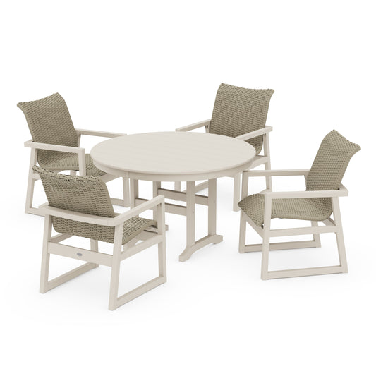 POLYWOOD EDGE Woven 5-Piece Round Farmhouse Dining Set — Sand / Dune Grass