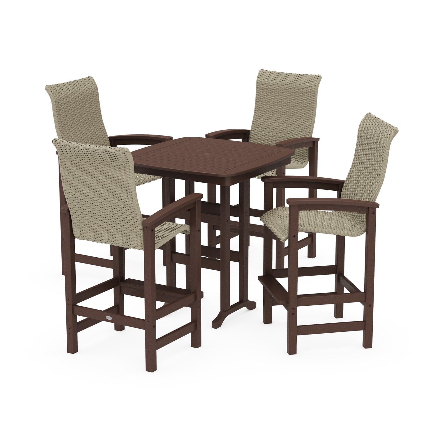 POLYWOOD Coastal Woven High-Back 5-Piece Bar Set — Mahogany / Dune Grass