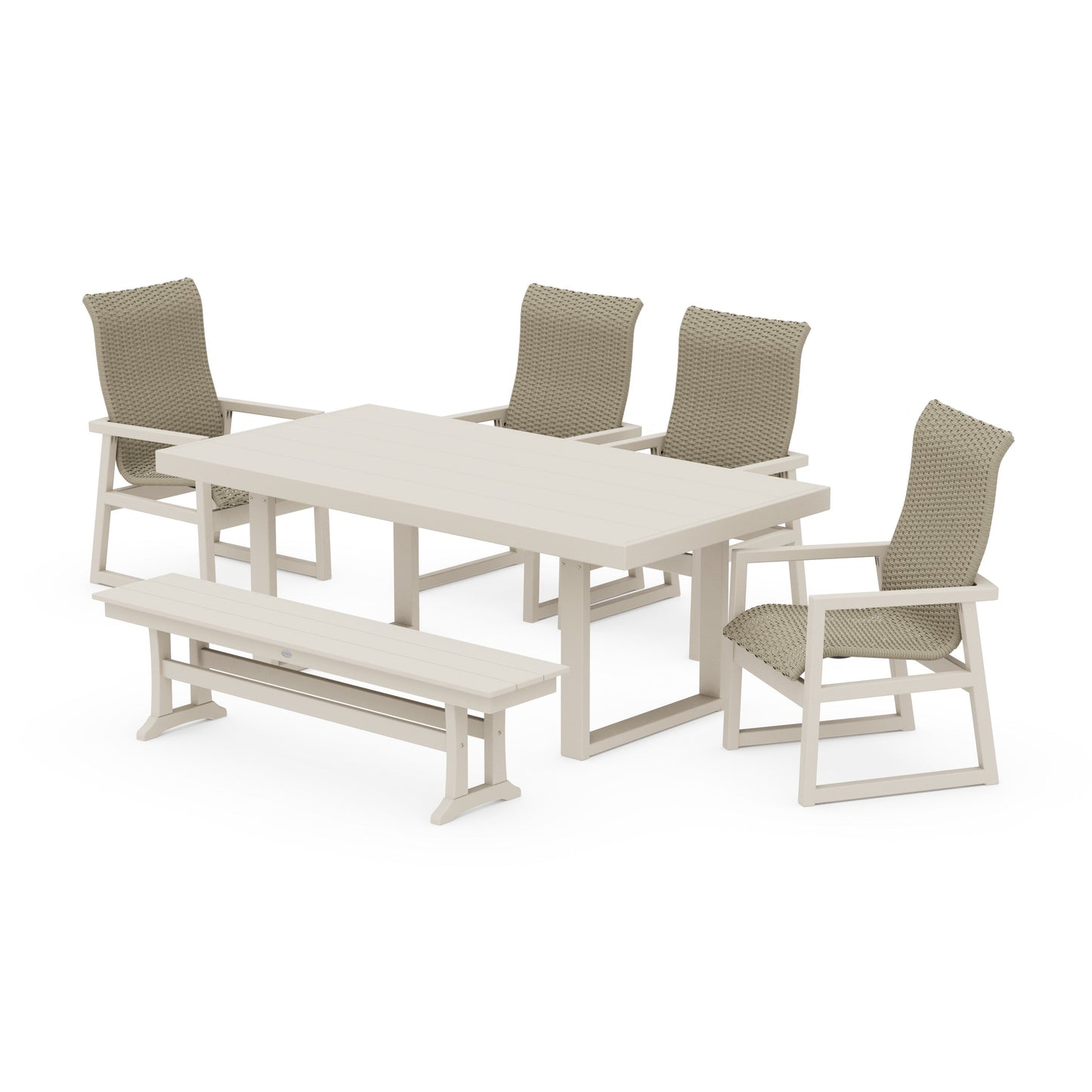 POLYWOOD EDGE Woven Highback 6-Piece Dining Set with Bench — Sand / Dune Grass