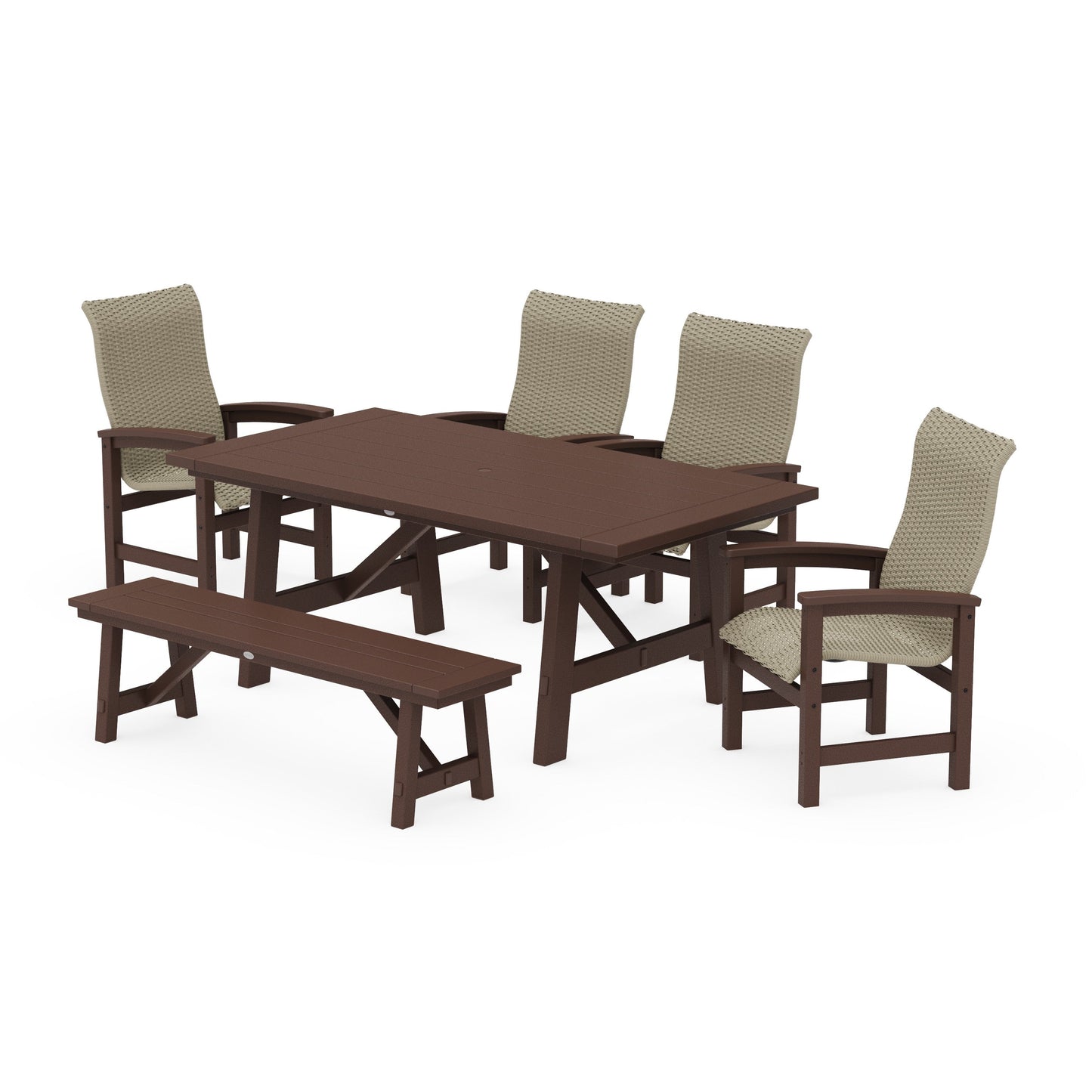POLYWOOD Coastal Woven High-Back 6-Piece Rustic Farmhouse Dining Set with Bench — Mahogany / Dune Grass