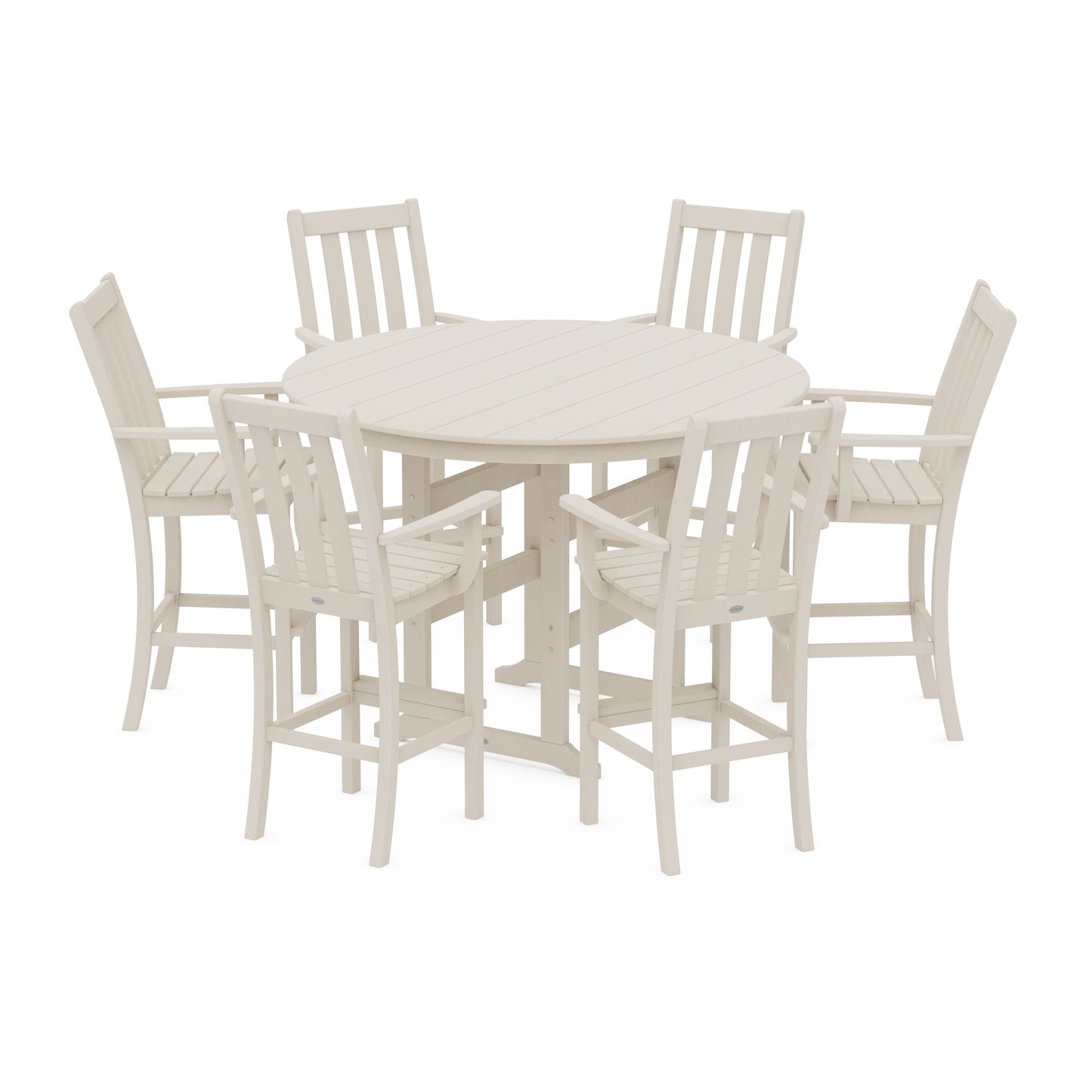 POLYWOOD Vineyard 7-Piece Arm Chair Round Farmhouse Bar Set — Sand