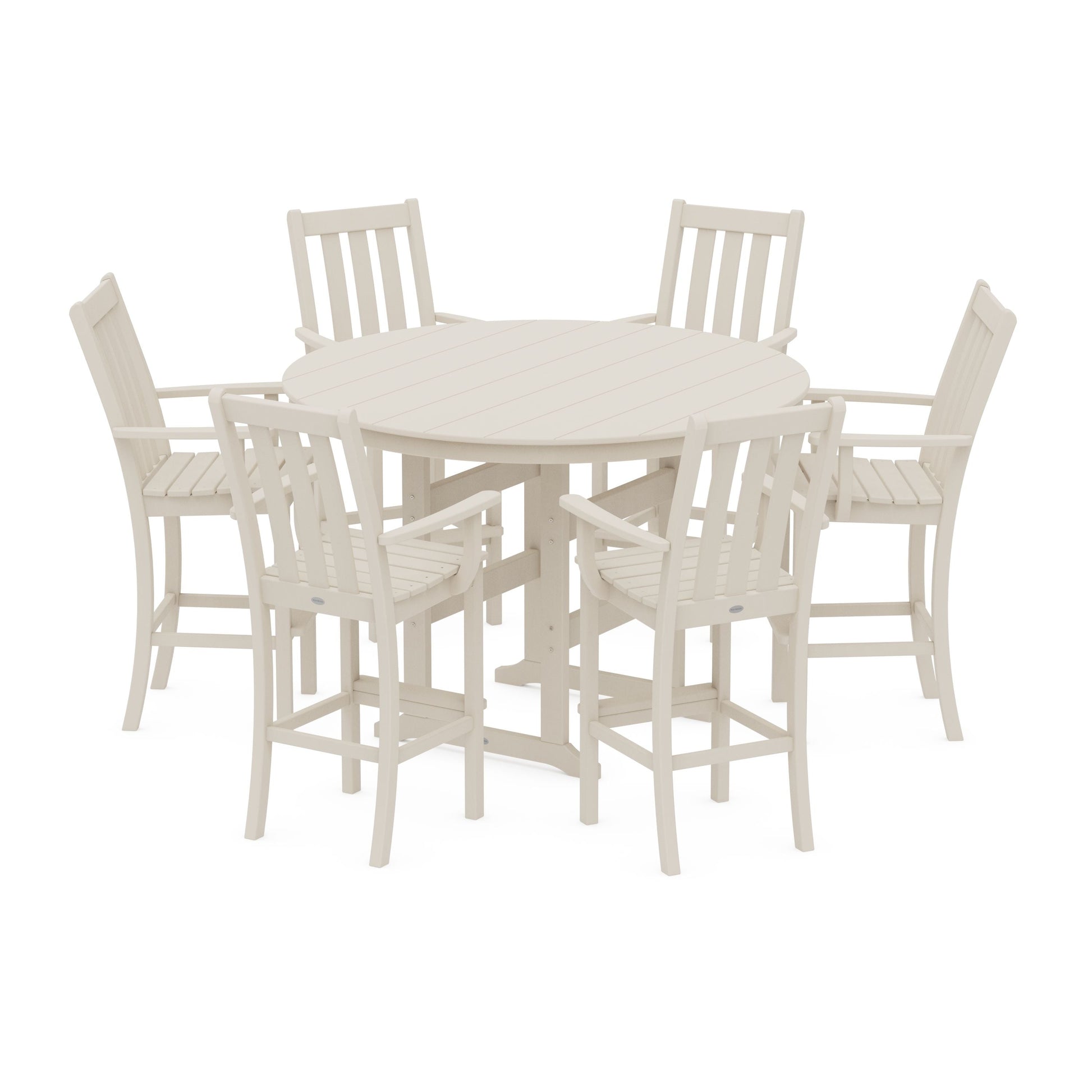 POLYWOOD Vineyard 7-Piece Arm Chair Round Farmhouse Bar Set — Sand