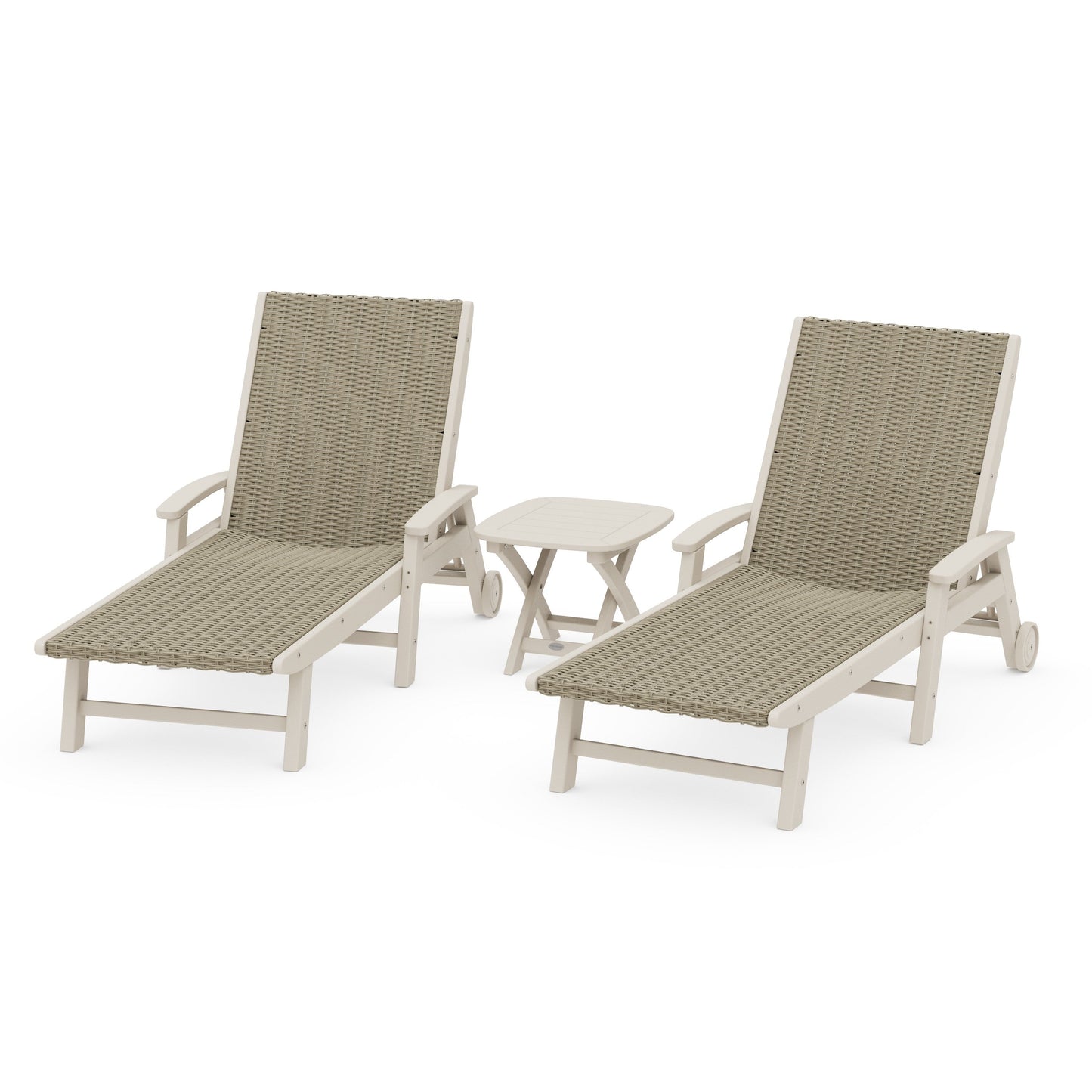 POLYWOOD 3-Piece Coastal Woven Chaise with Arms and Wheels Chaise Lounge Set — Sand / Dune Grass