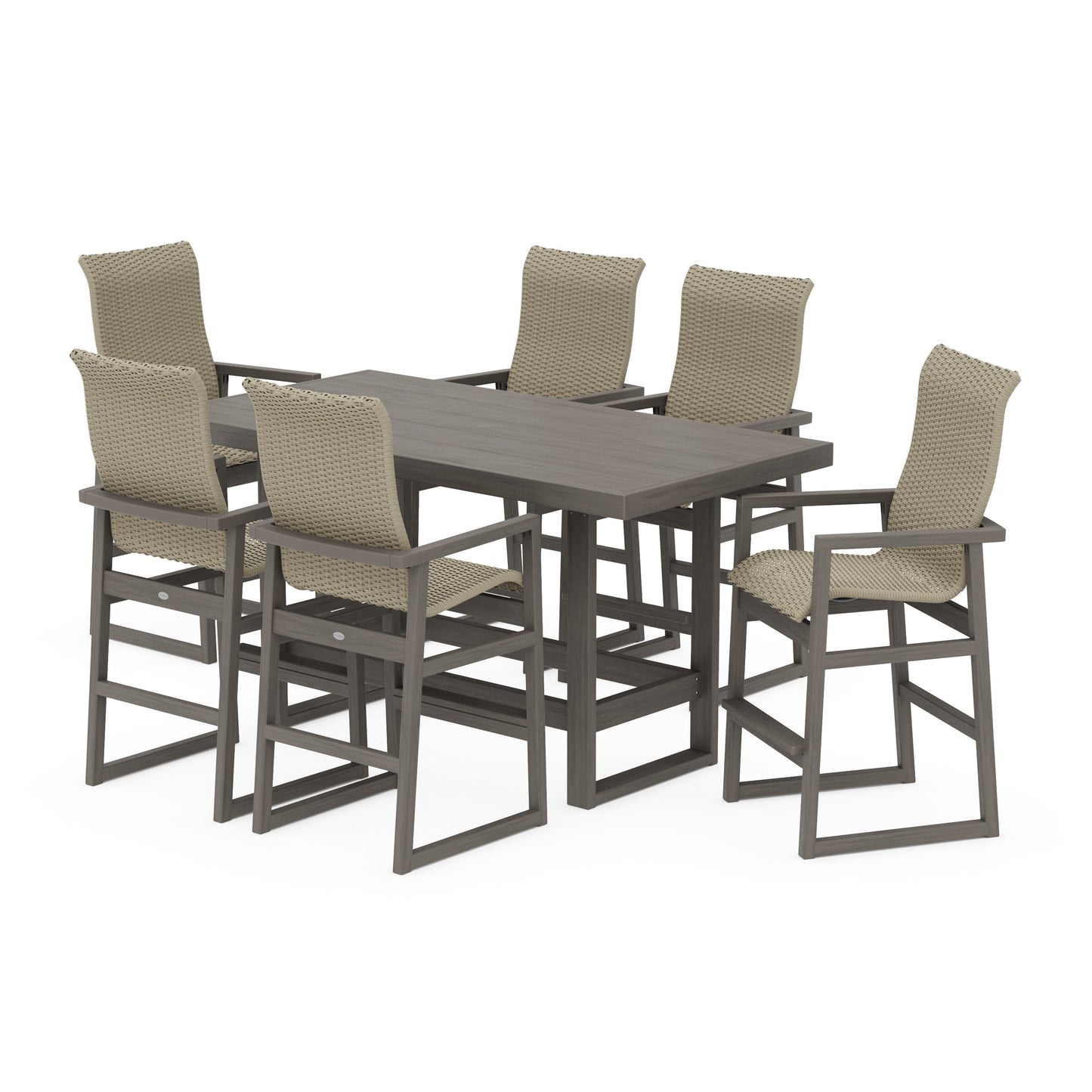 POLYWOOD EDGE Woven Highback Arm Chair 7-Piece Bar Set — Driftwood / Dune Grass