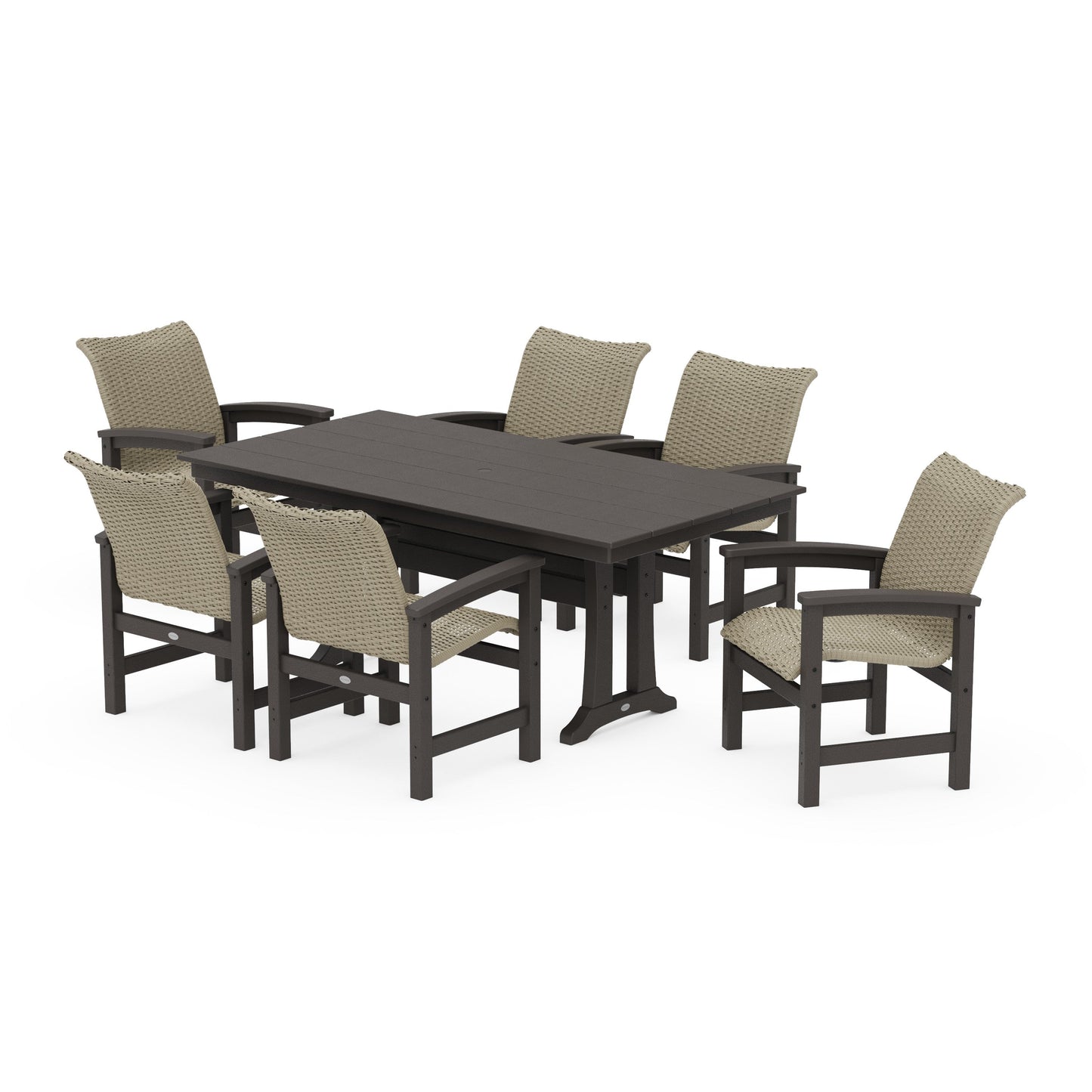 POLYWOOD Coastal Woven Arm Chair 7-Piece Farmhouse Dining Set with Trestle Legs — Vintage Coffee / Dune Grass