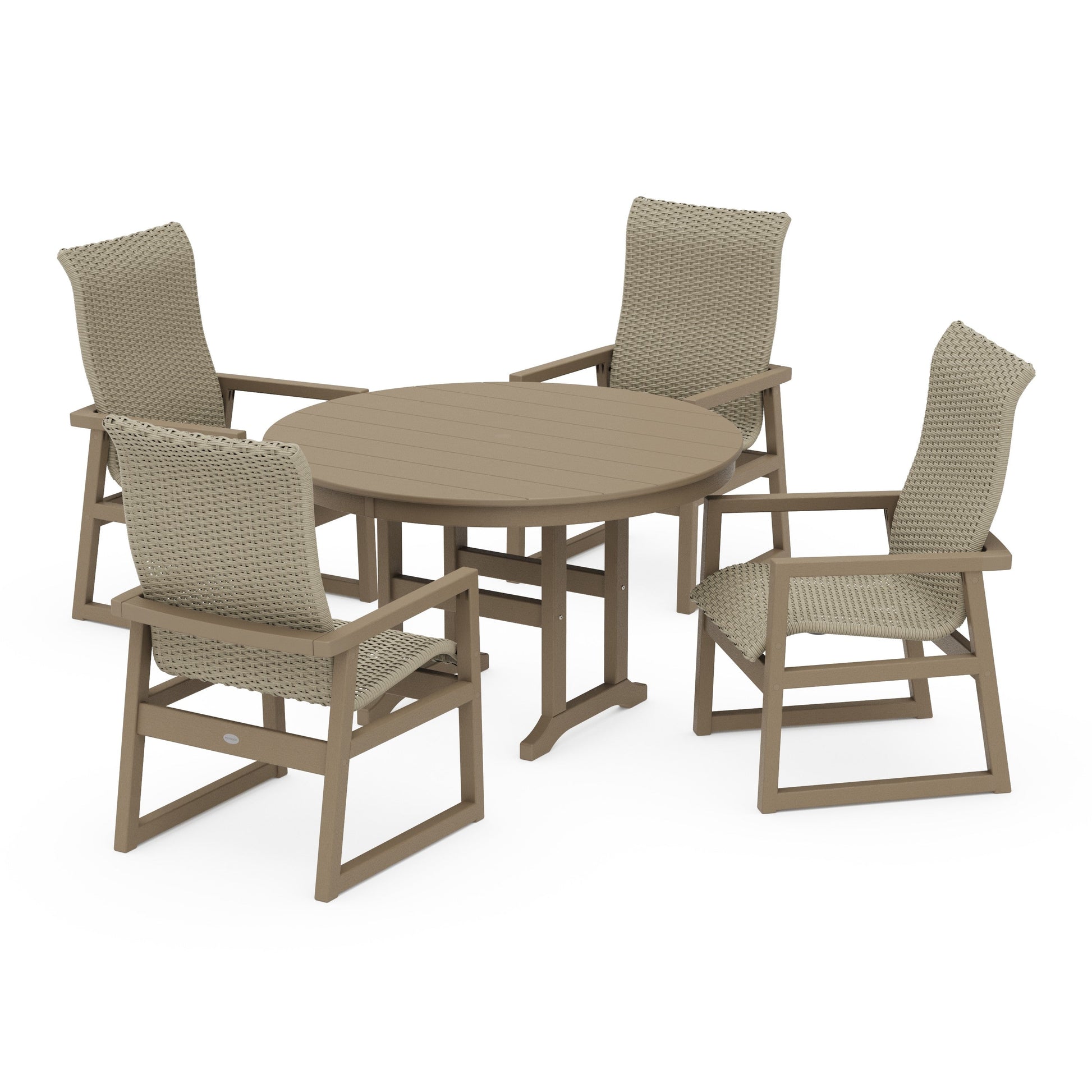 POLYWOOD EDGE Woven Highback 5-Piece Round Farmhouse Dining Set — Vintage Sahara / Dune Grass