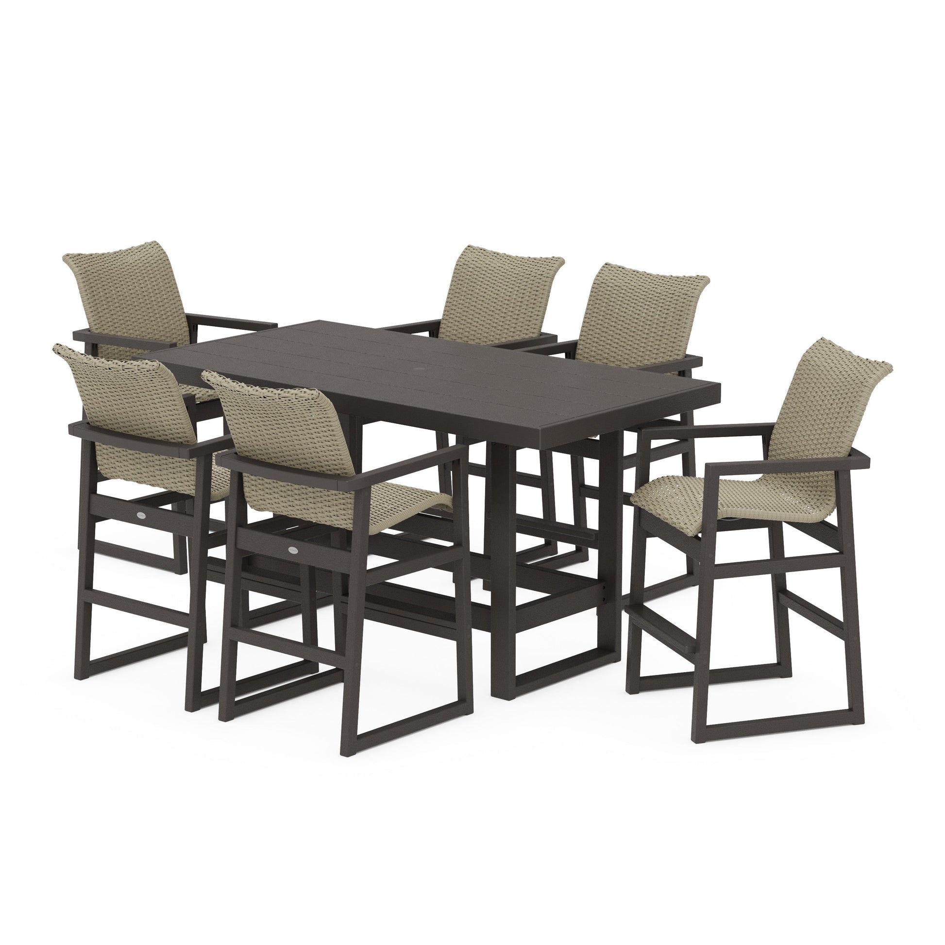 POLYWOOD EDGE Woven Arm Chair 7-Piece Bar Set — Vintage Coffee / Dune Grass