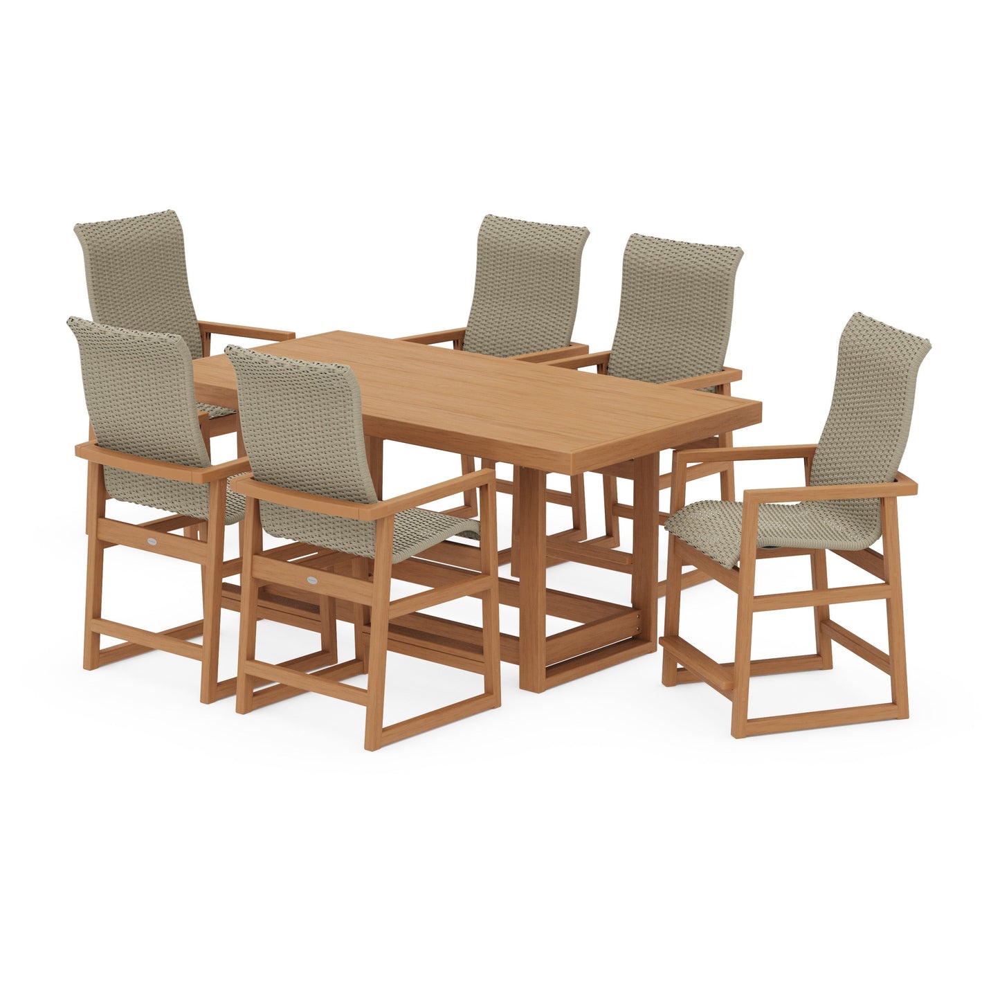 POLYWOOD EDGE Woven Highback Arm Chair 7-Piece Counter Set — Natural / Dune Grass