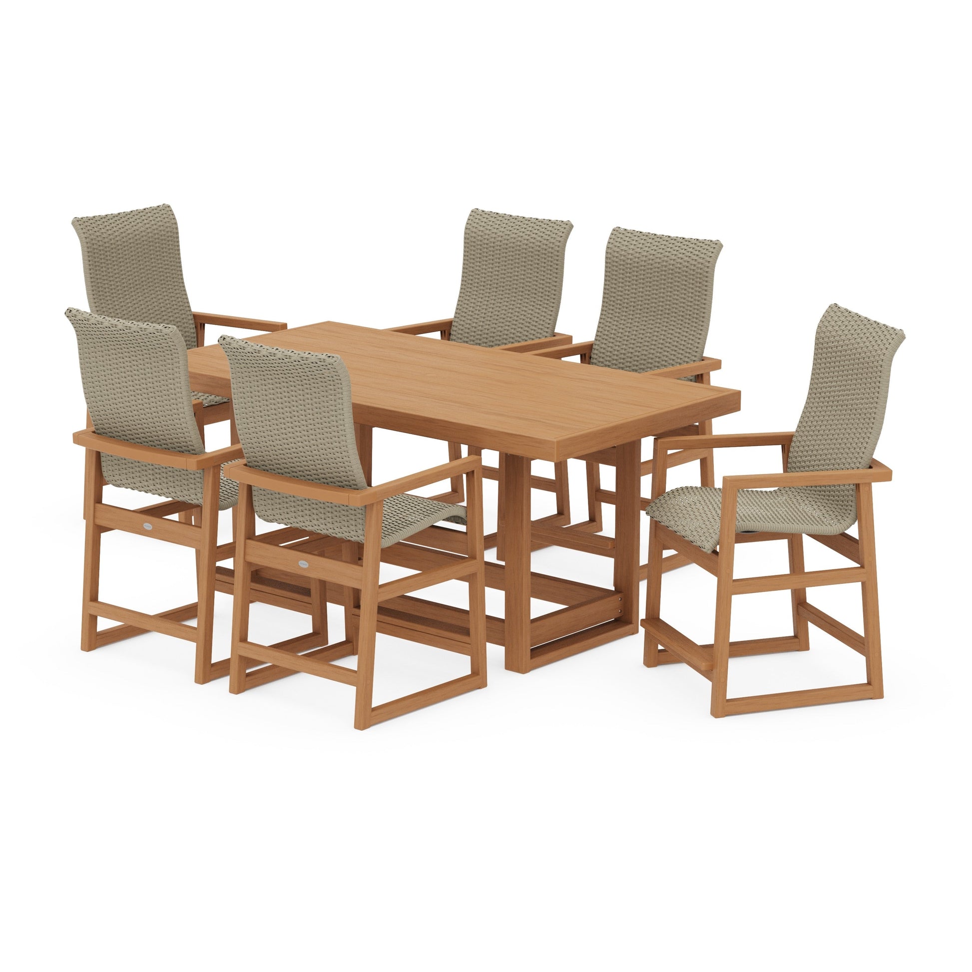POLYWOOD EDGE Woven Highback Arm Chair 7-Piece Counter Set — Natural / Dune Grass