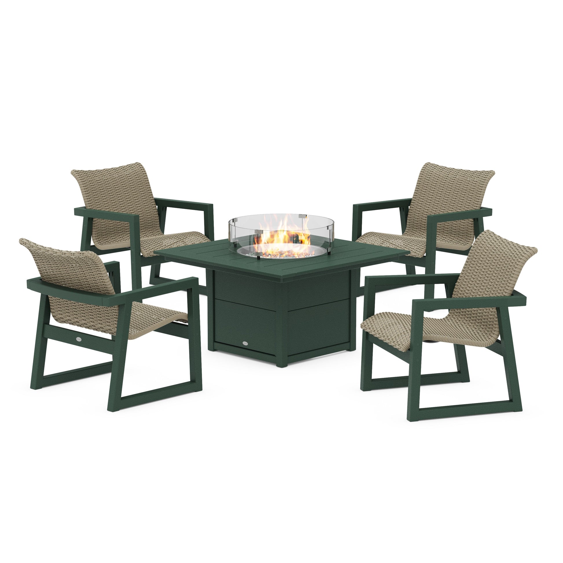 POLYWOOD EDGE Woven 5-Piece Lounge Chair Seating Set with Fire Pit Table — Green / Dune Grass