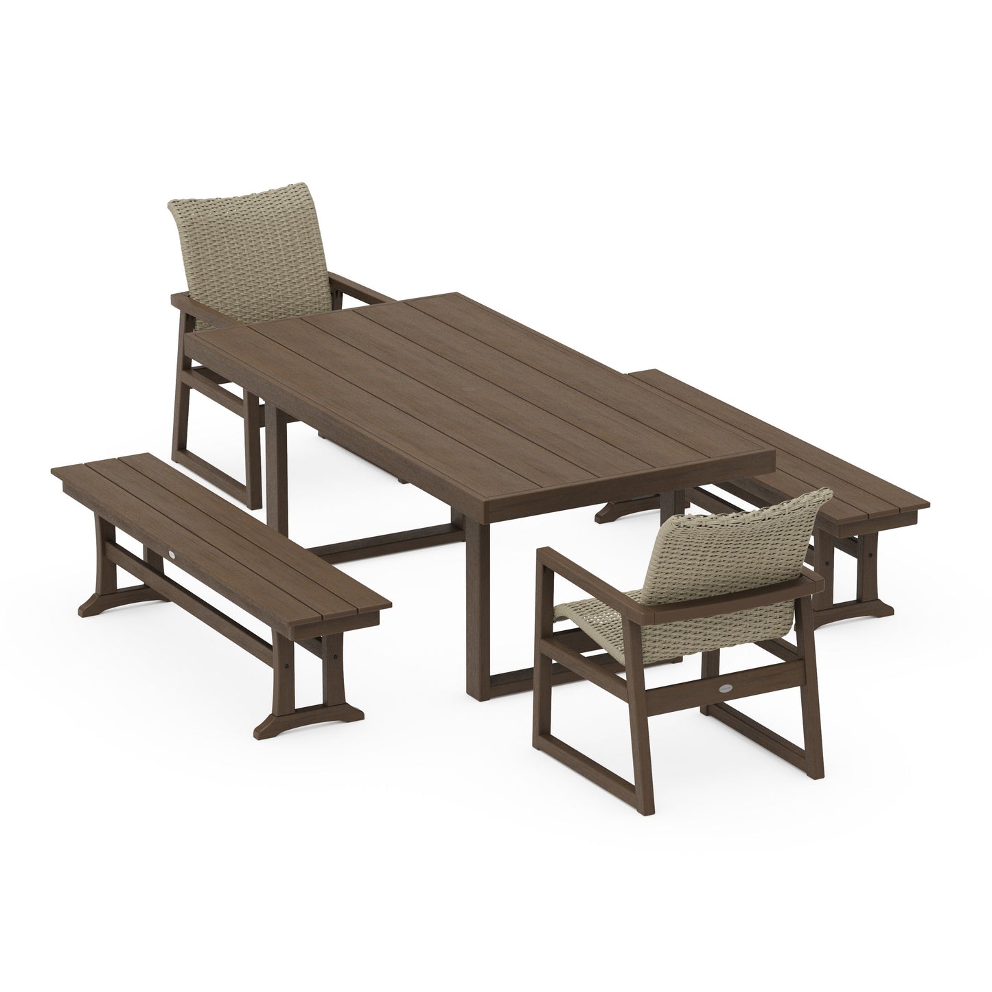 POLYWOOD EDGE Woven 5-Piece Dining Set with Benches — Kona / Dune Grass