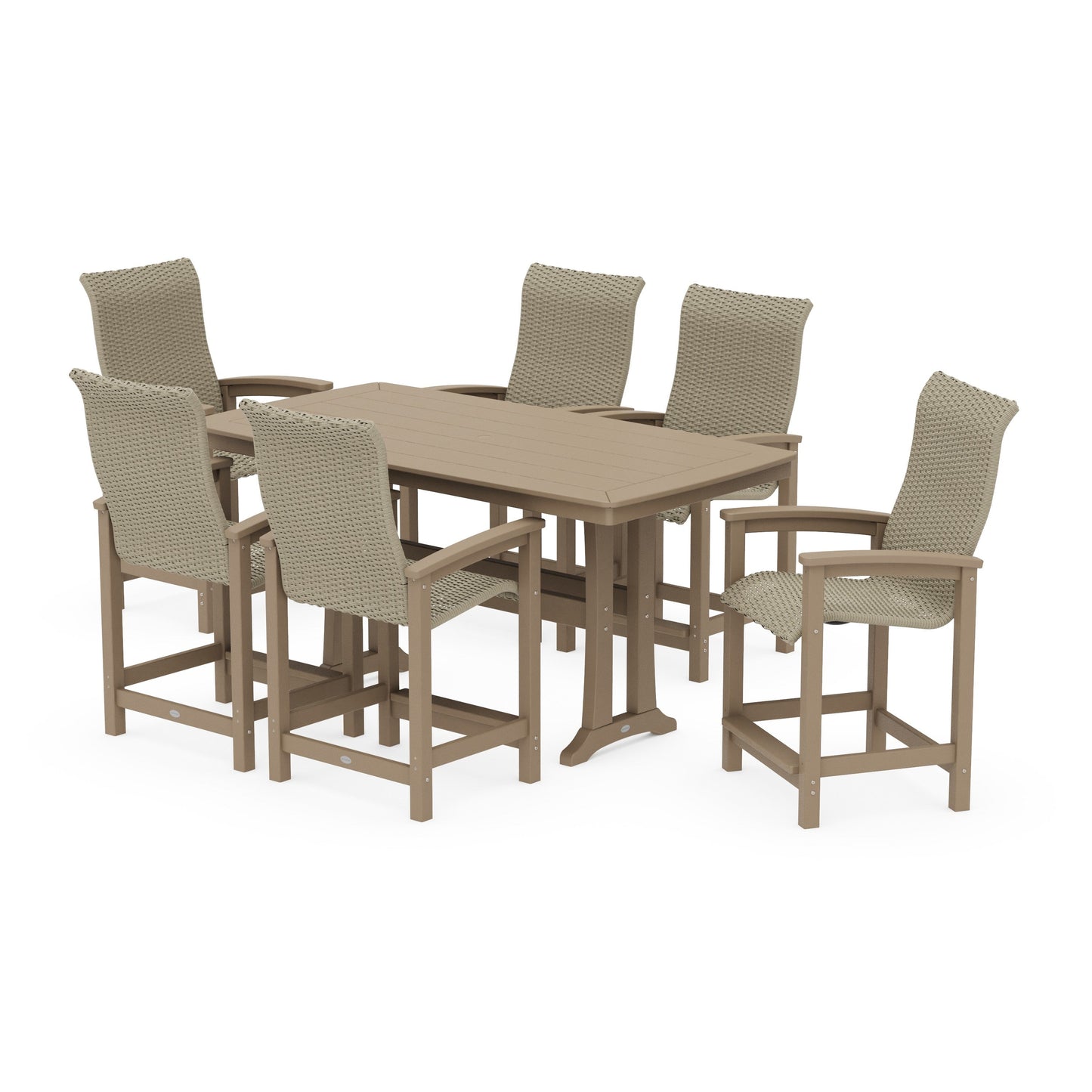 POLYWOOD Coastal Woven High-Back Arm Chair 7-Piece Counter Set with Trestle Legs — Vintage Sahara / Dune Grass
