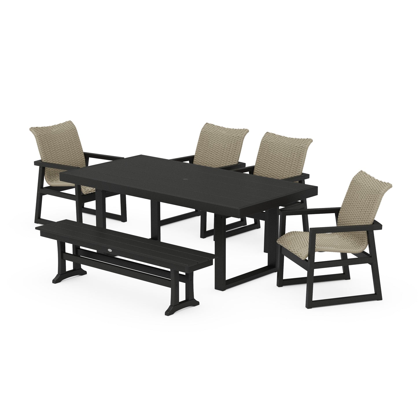 POLYWOOD EDGE Woven 6-Piece Dining Set with Bench — Black / Dune Grass