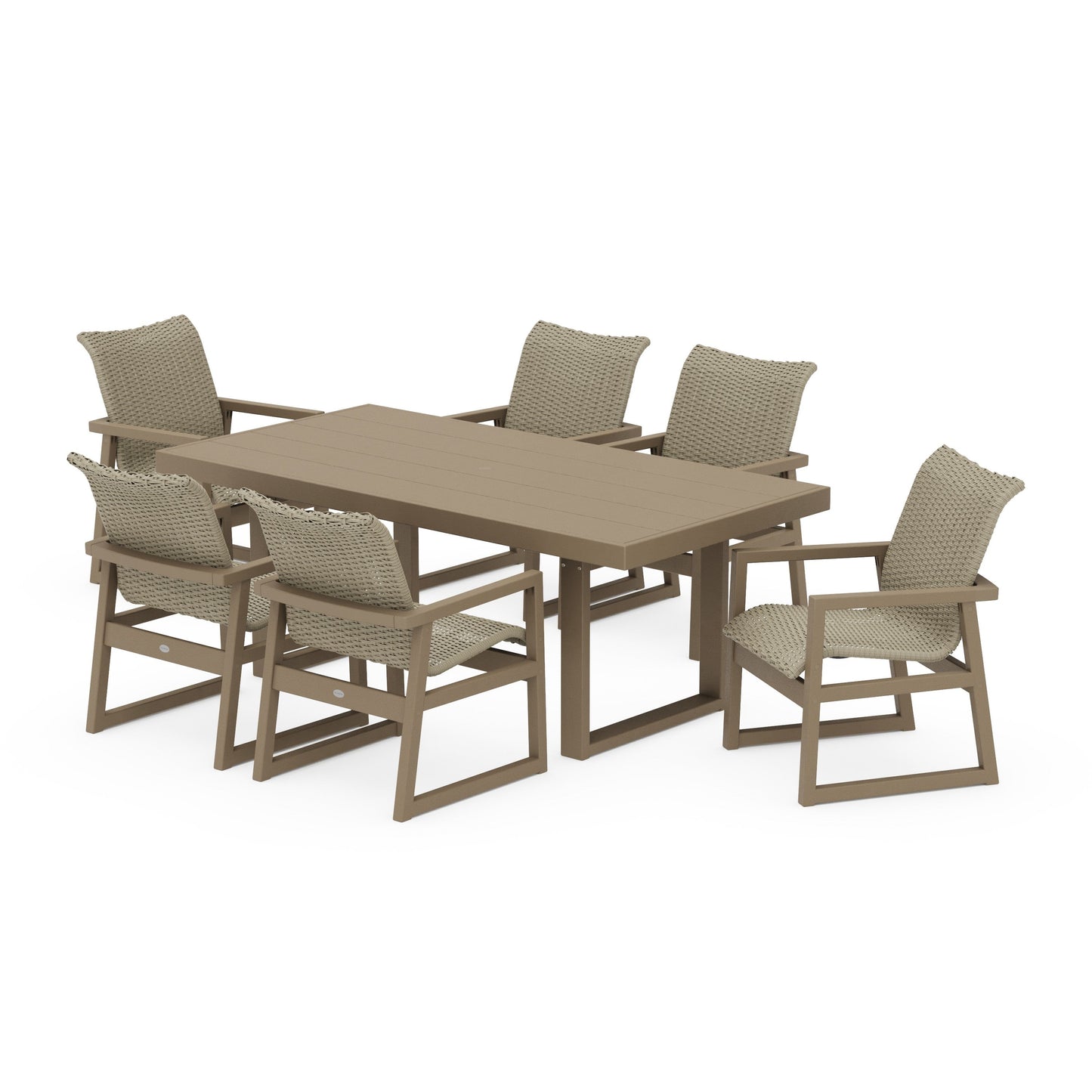 POLYWOOD EDGE Woven Arm Chair 7-Piece Dining Set — Vintage Sahara / Dune Grass