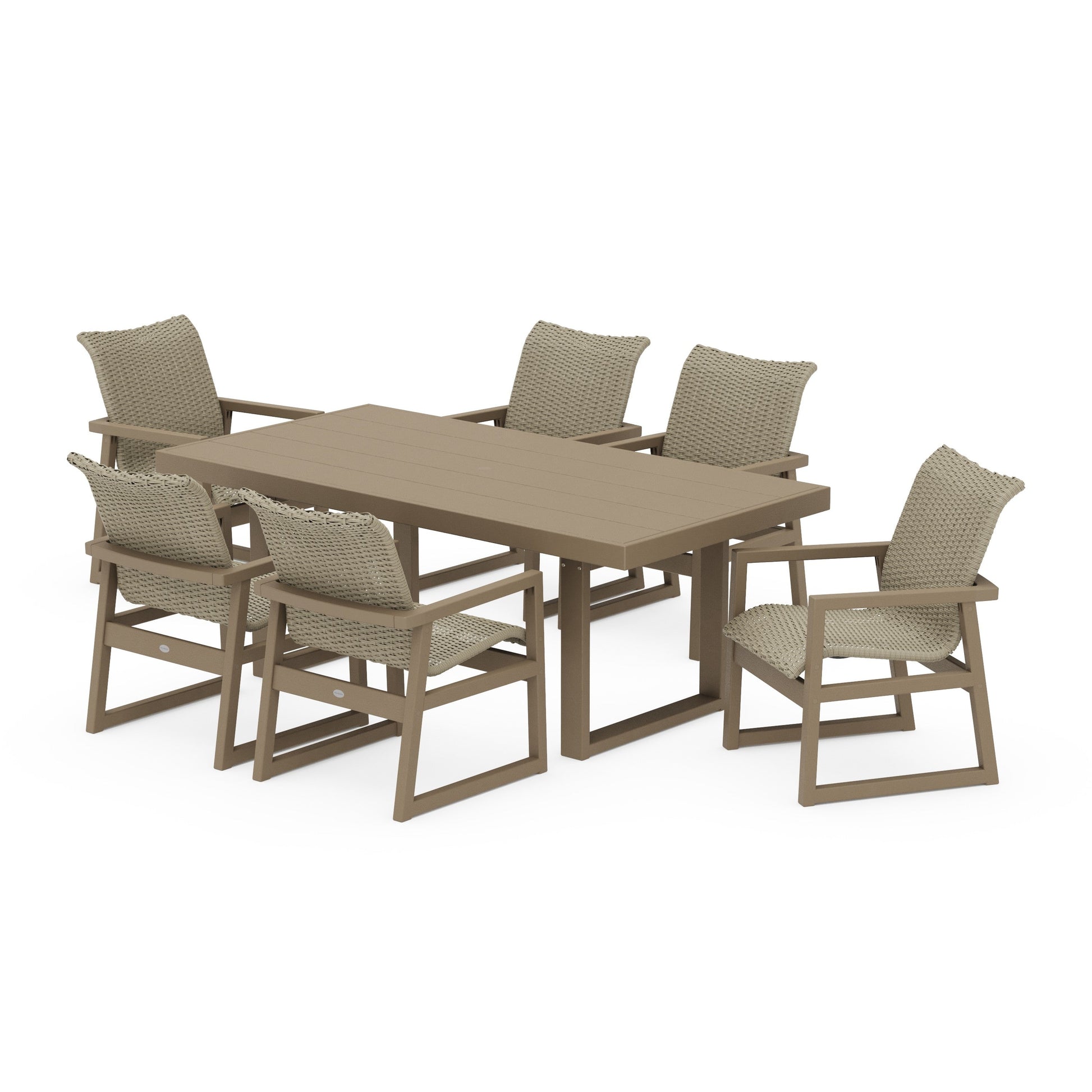 POLYWOOD EDGE Woven Arm Chair 7-Piece Dining Set — Vintage Sahara / Dune Grass