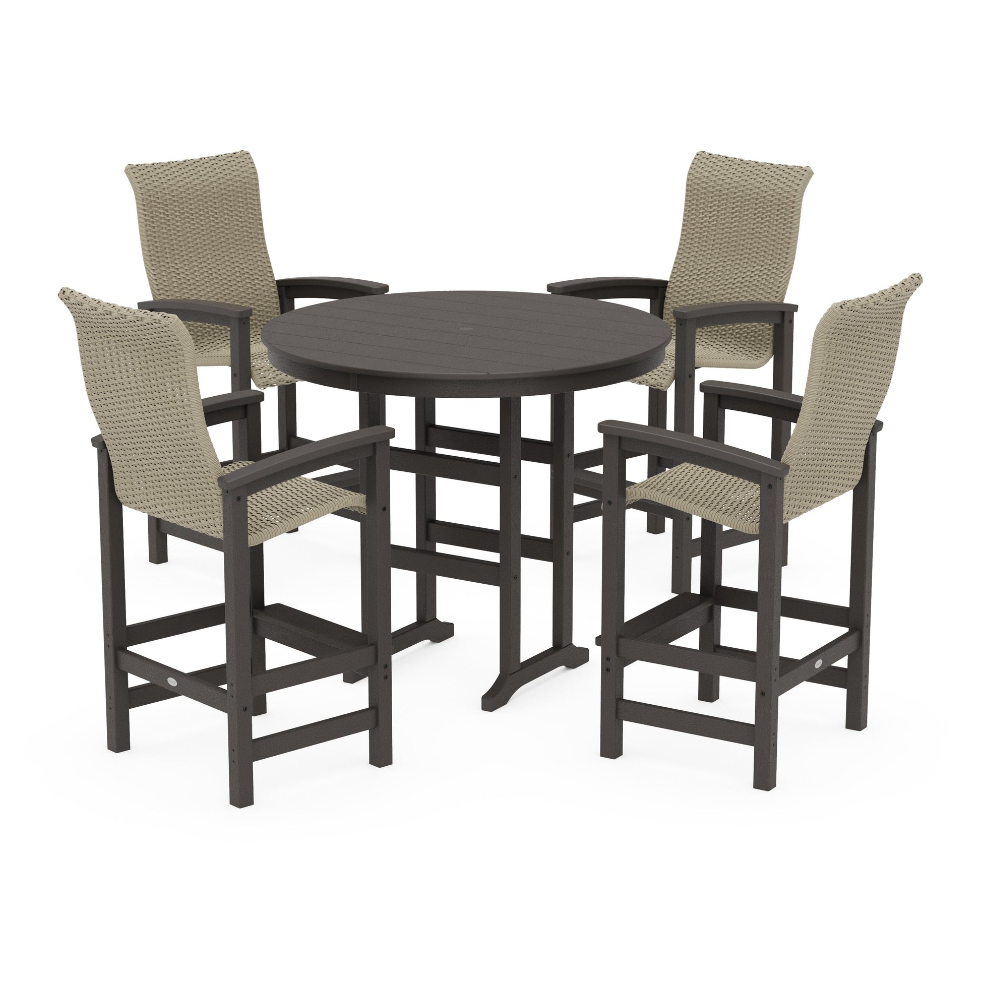 POLYWOOD Coastal Woven High-Back 5-Piece Round Farmhouse Bar Set — Vintage Coffee / Dune Grass
