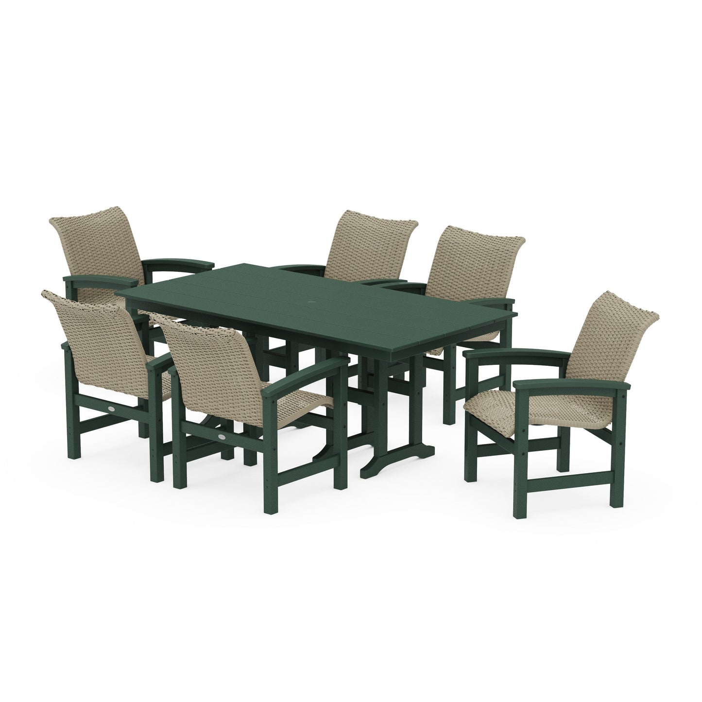 POLYWOOD Coastal Woven Arm Chair 7-Piece Farmhouse Dining Set — Green / Dune Grass