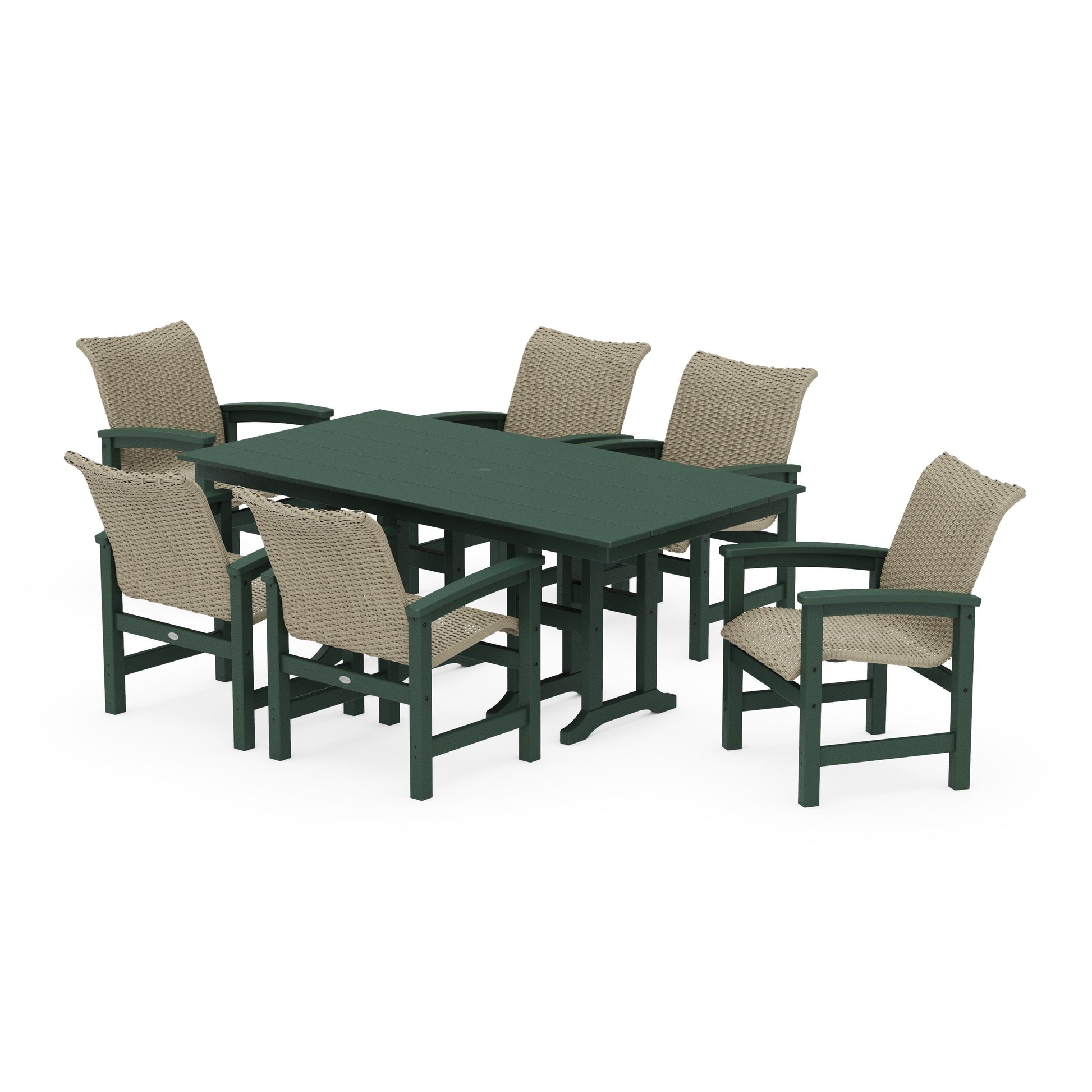 POLYWOOD Coastal Woven Arm Chair 7-Piece Farmhouse Dining Set — Green / Dune Grass