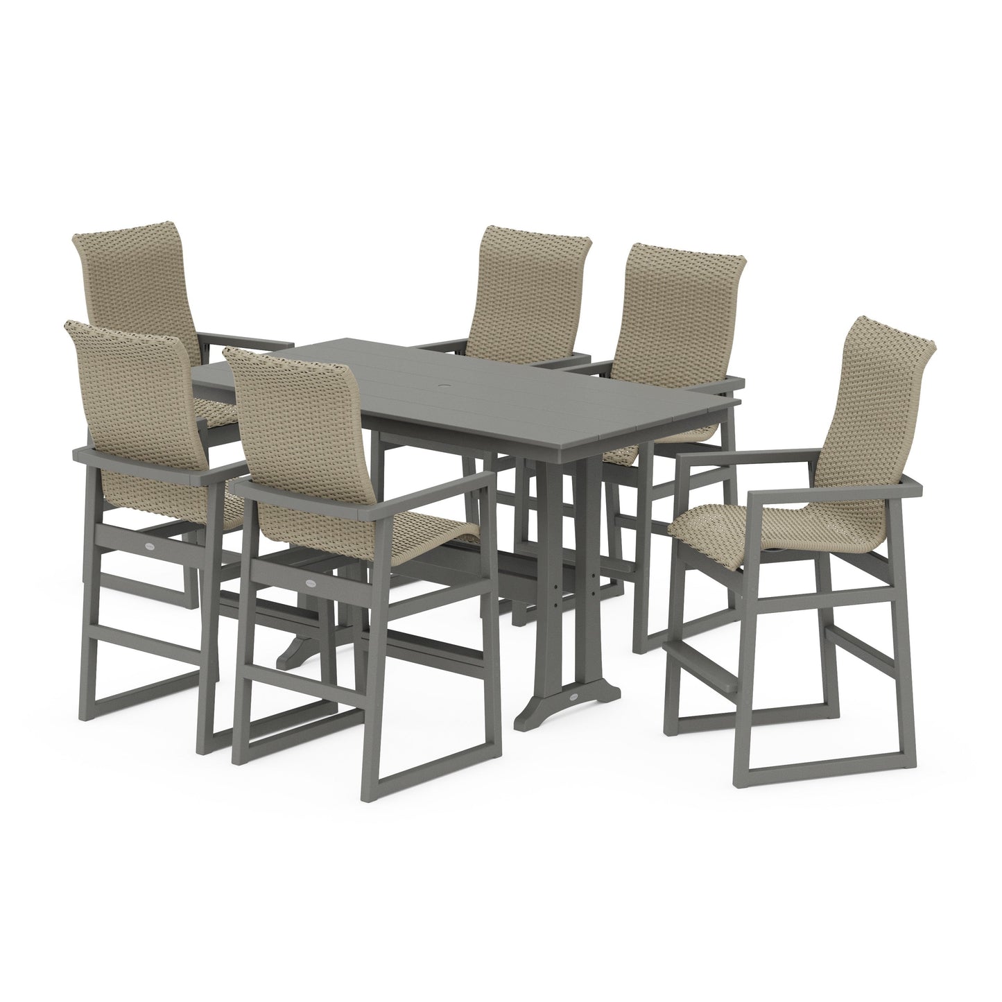 POLYWOOD EDGE Woven Highback Arm Chair 7-Piece Farmhouse Bar Set with Trestle Legs — Slate Grey / Dune Grass