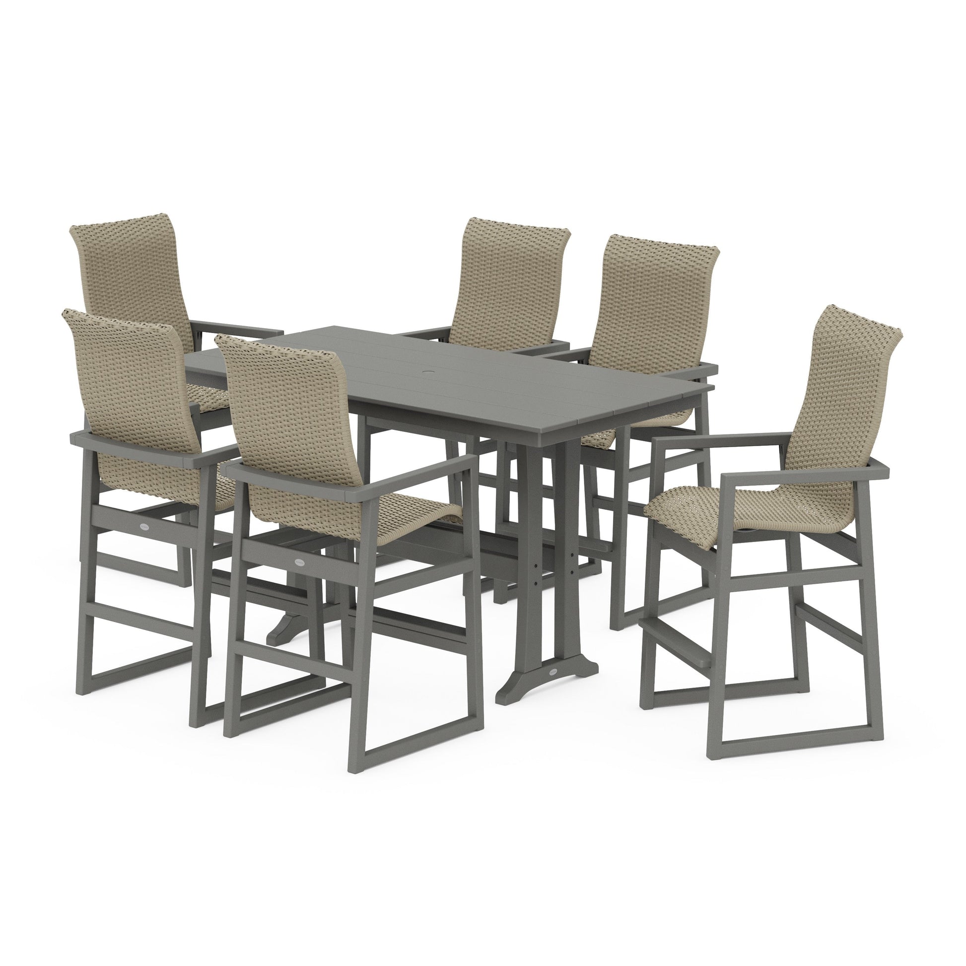 POLYWOOD EDGE Woven Highback Arm Chair 7-Piece Farmhouse Bar Set with Trestle Legs — Slate Grey / Dune Grass