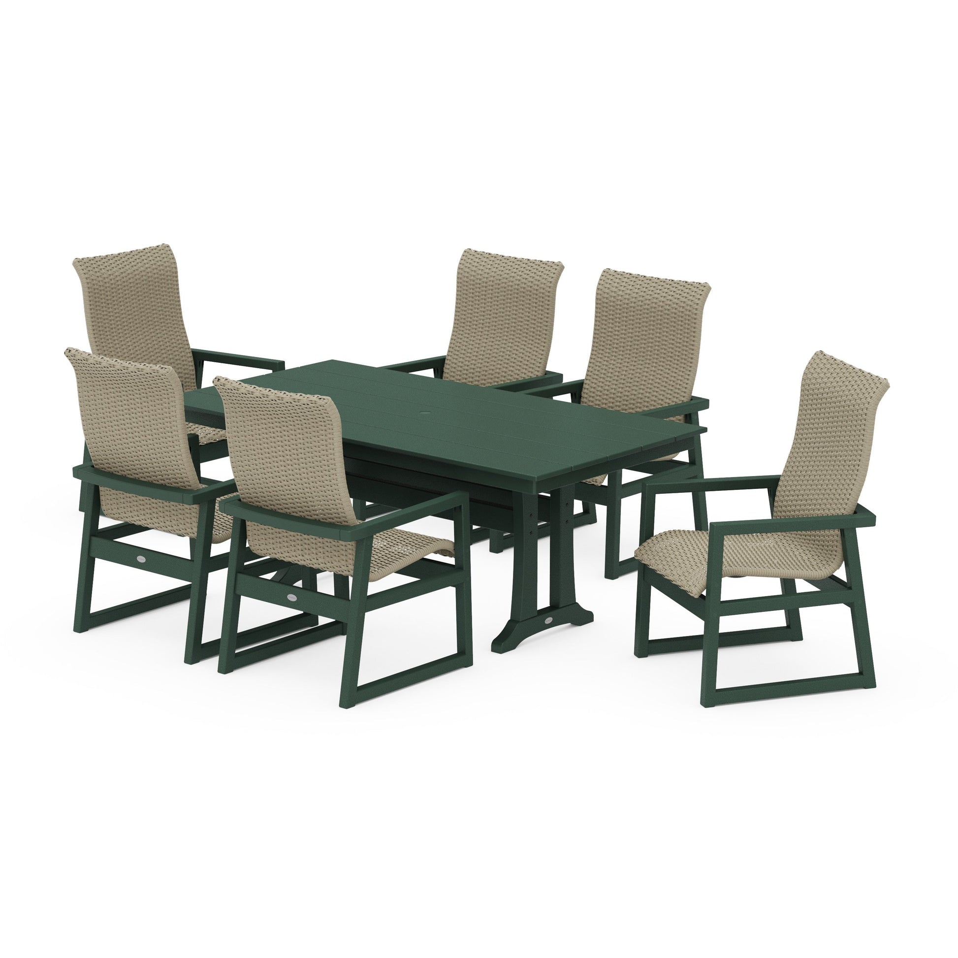 POLYWOOD EDGE Woven Highback Arm Chair 7-Piece Farmhouse Dining Set with Trestle Legs — Green / Dune Grass