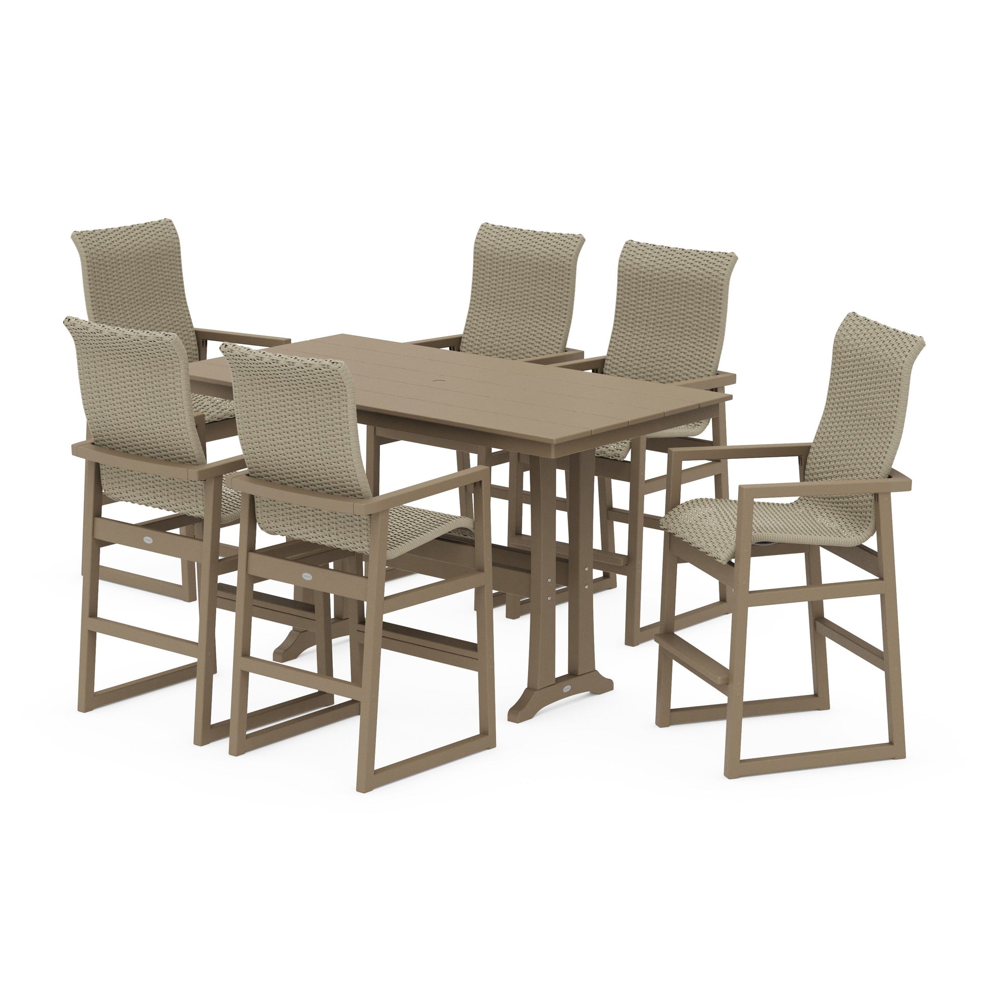 POLYWOOD EDGE Woven Highback Arm Chair 7-Piece Farmhouse Bar Set with Trestle Legs — Vintage Sahara / Dune Grass