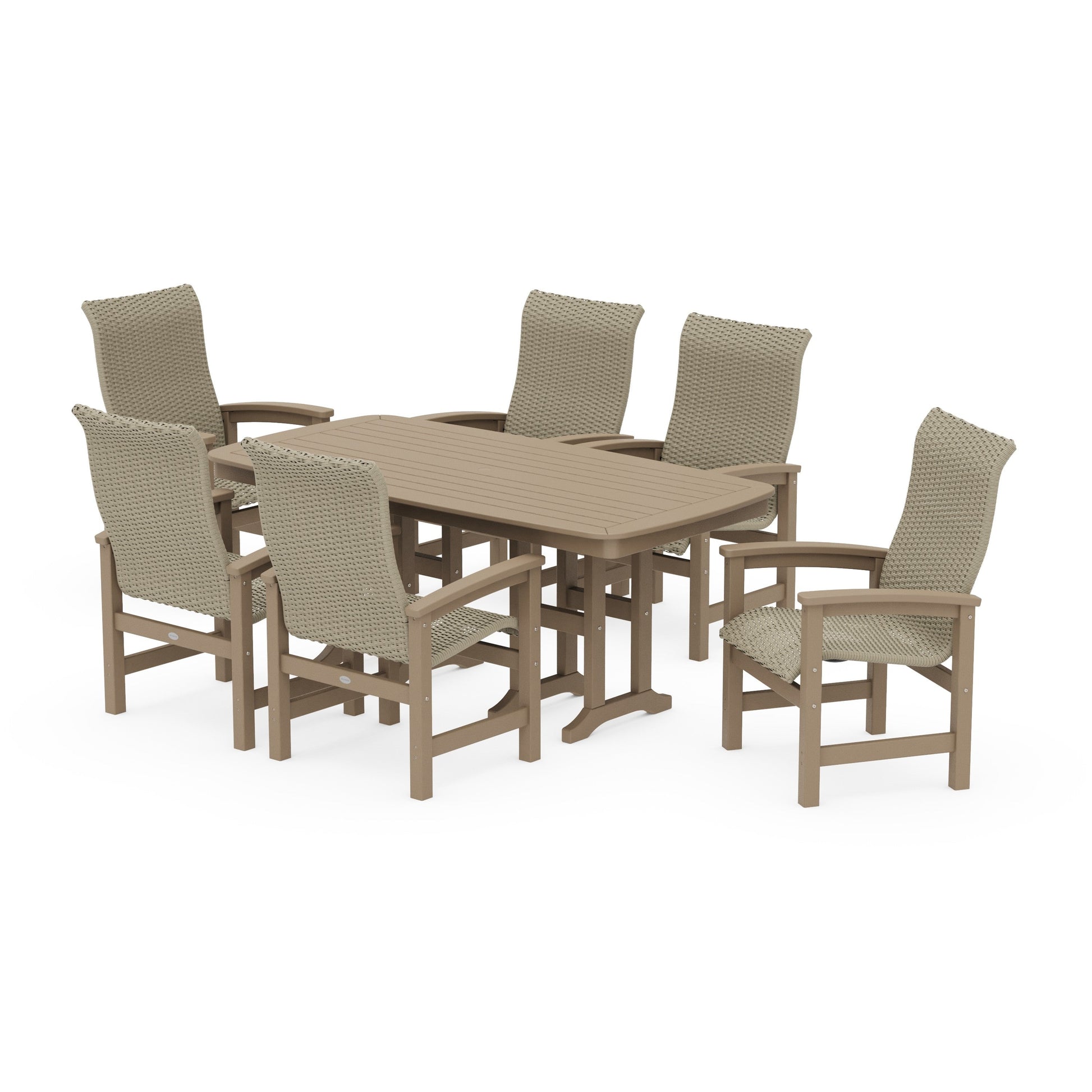 POLYWOOD Coastal Woven High-Back Arm Chair 7-Piece Dining Set — Vintage Sahara / Dune Grass