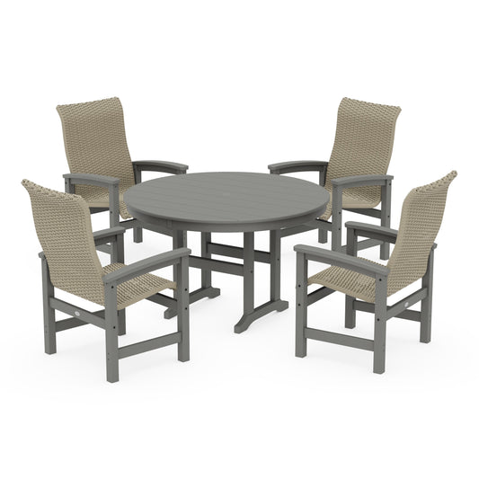 POLYWOOD Coastal Woven High-Back 5-Piece Round Farmhouse Dining Set — Slate Grey / Dune Grass