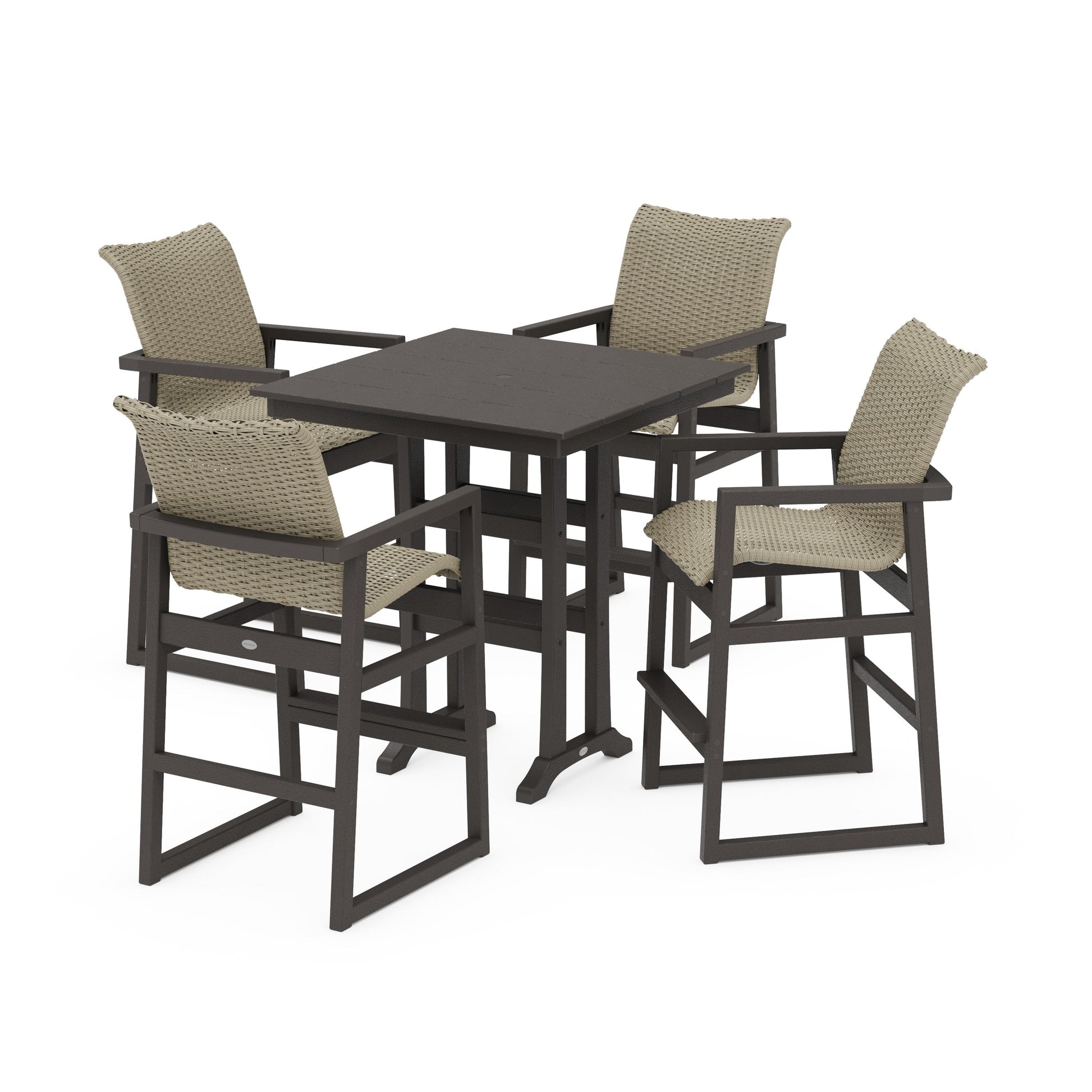 POLYWOOD EDGE Woven 5-Piece Farmhouse Bar Set with Trestle Legs — Vintage Coffee / Dune Grass