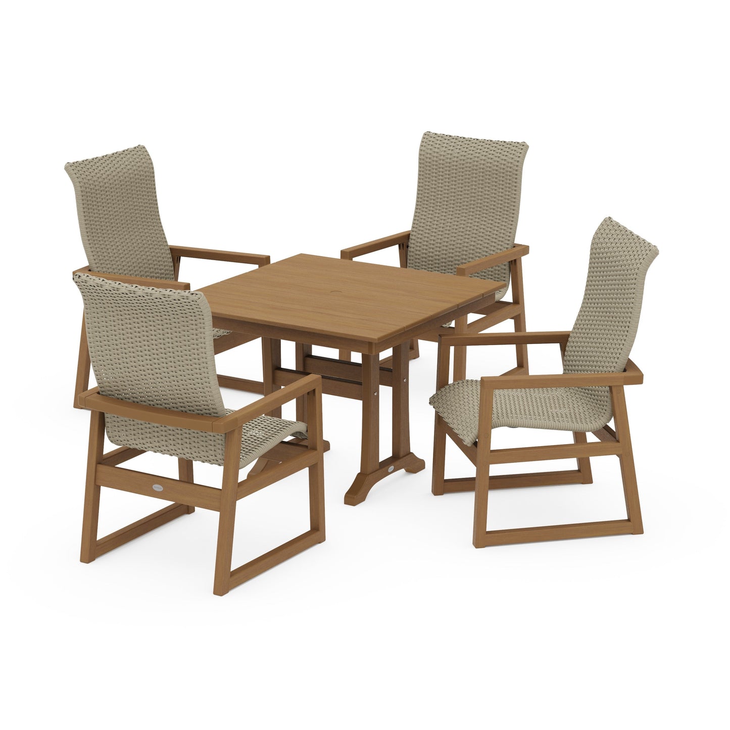 POLYWOOD EDGE Woven Highback 5-Piece Farmhouse Dining Set with Trestle Legs — Natural / Dune Grass