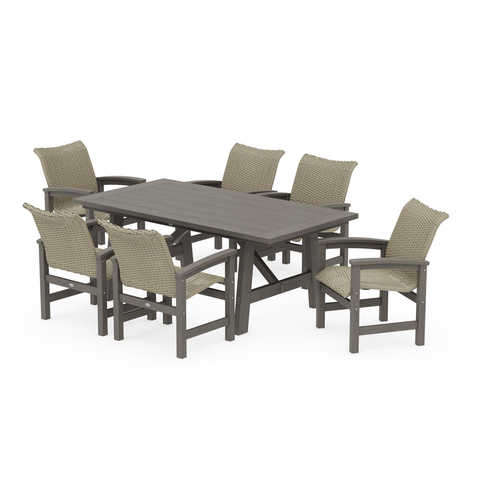 POLYWOOD Coastal Woven Arm Chair 7-Piece Rustic Farmhouse Dining Set — Driftwood / Dune Grass