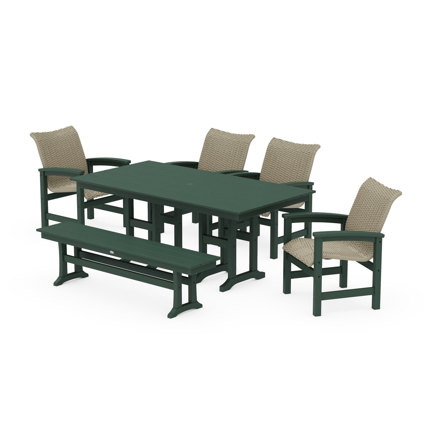POLYWOOD Coastal Woven 6-Piece Farmhouse Dining Set with Bench — Green / Dune Grass