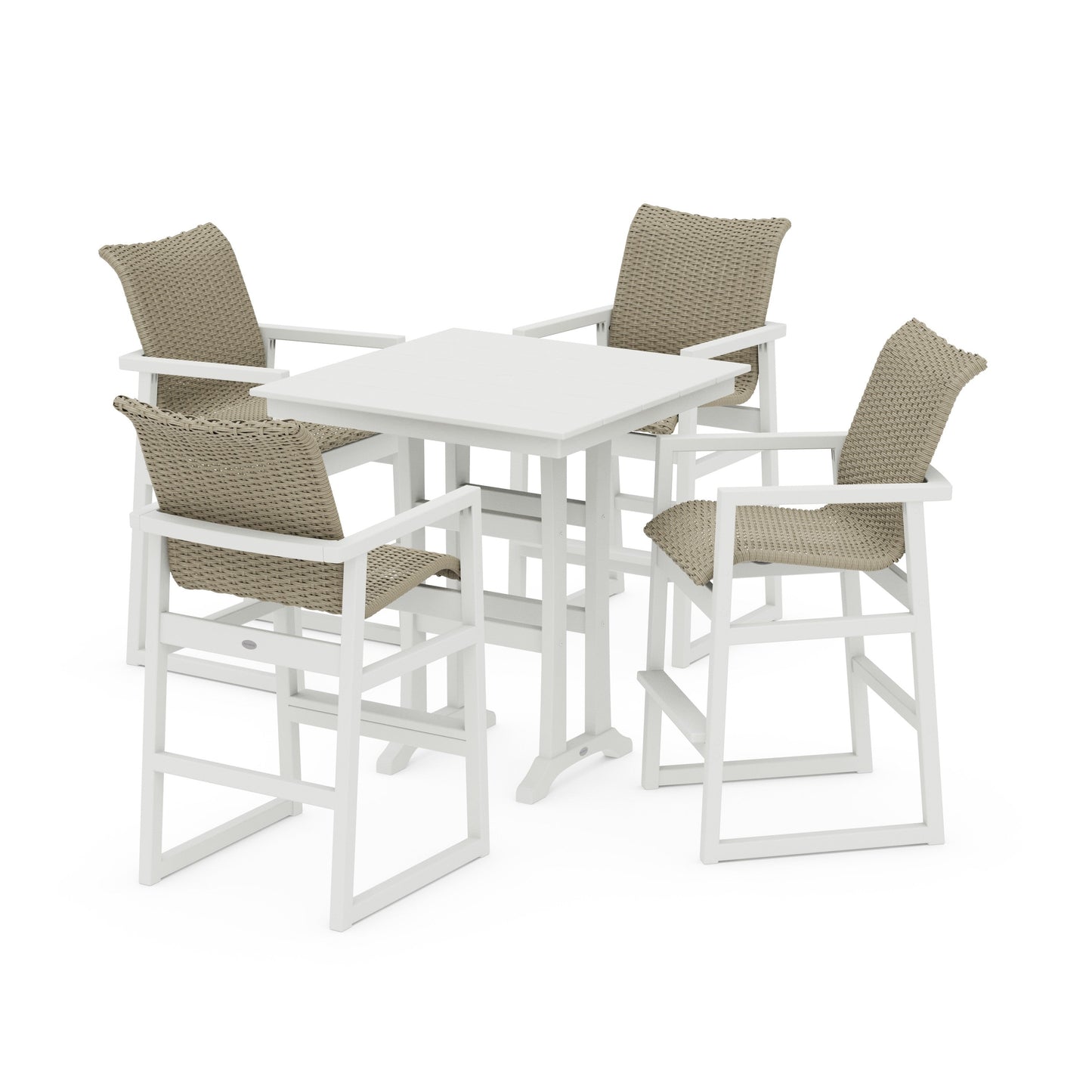 POLYWOOD EDGE Woven 5-Piece Farmhouse Bar Set with Trestle Legs — White / Dune Grass