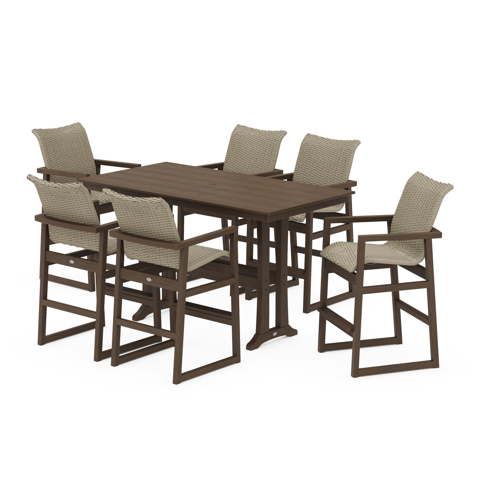 POLYWOOD EDGE Woven Arm Chair 7-Piece Farmhouse Bar Set with Trestle Legs — Kona / Dune Grass
