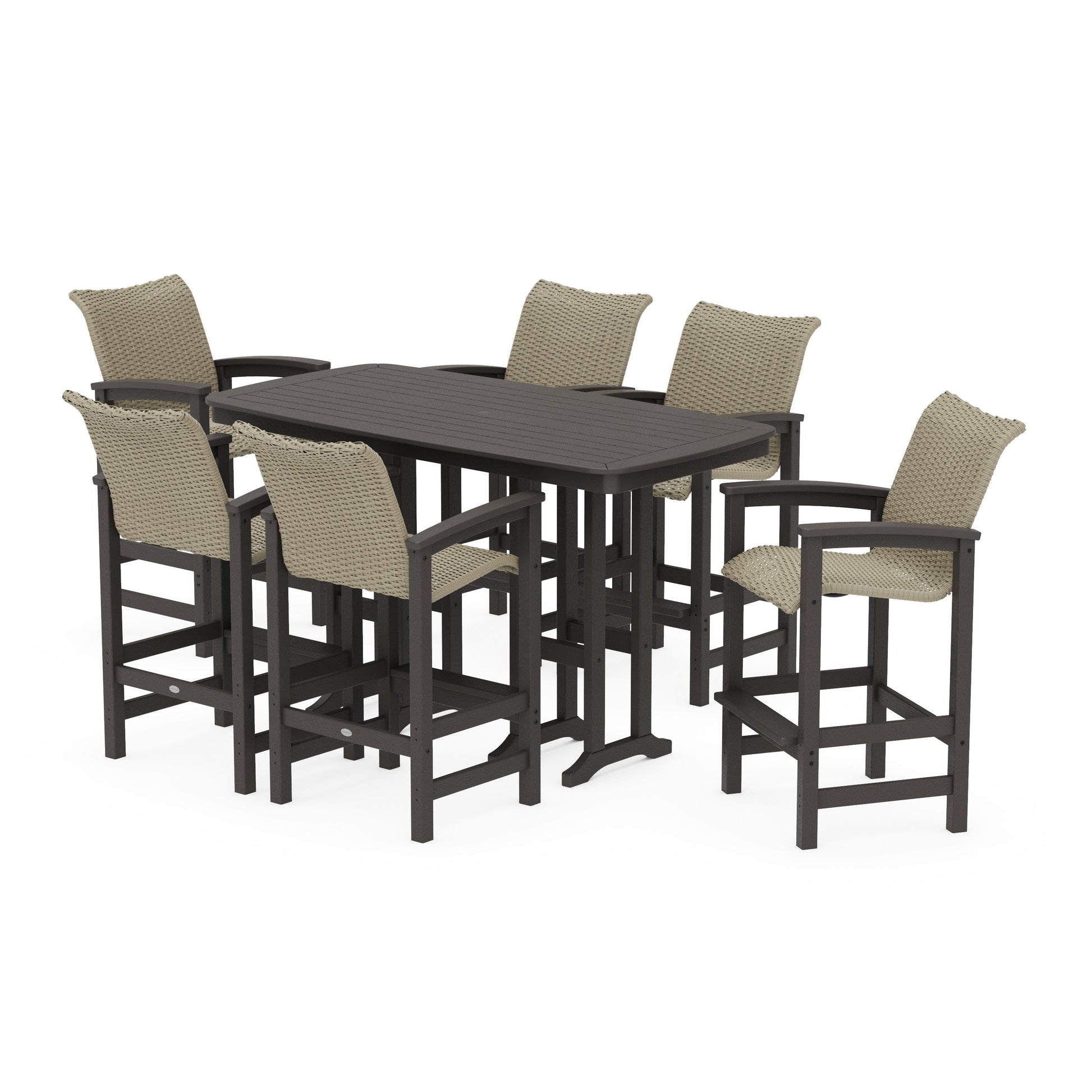 POLYWOOD Coastal Woven Arm Chair 7-Piece Bar Set — Vintage Coffee / Dune Grass