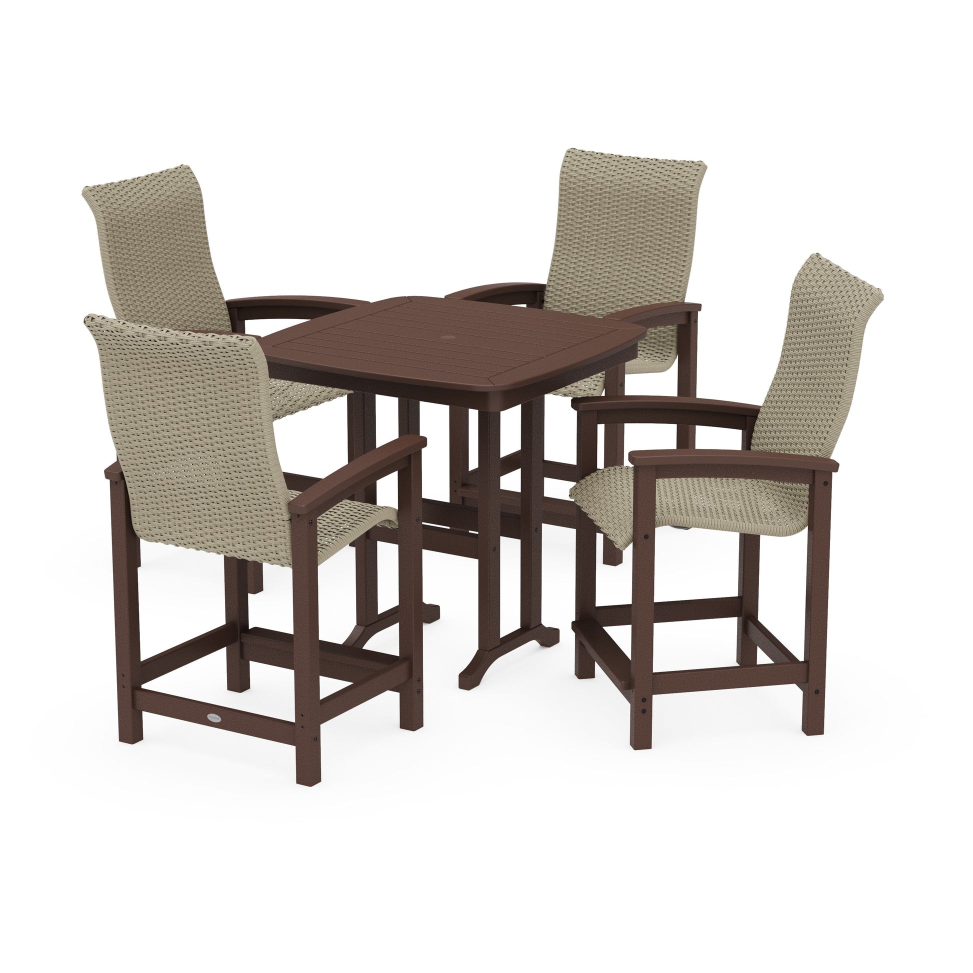 POLYWOOD Coastal Woven High-Back 5-Piece Counter Set — Mahogany / Dune Grass