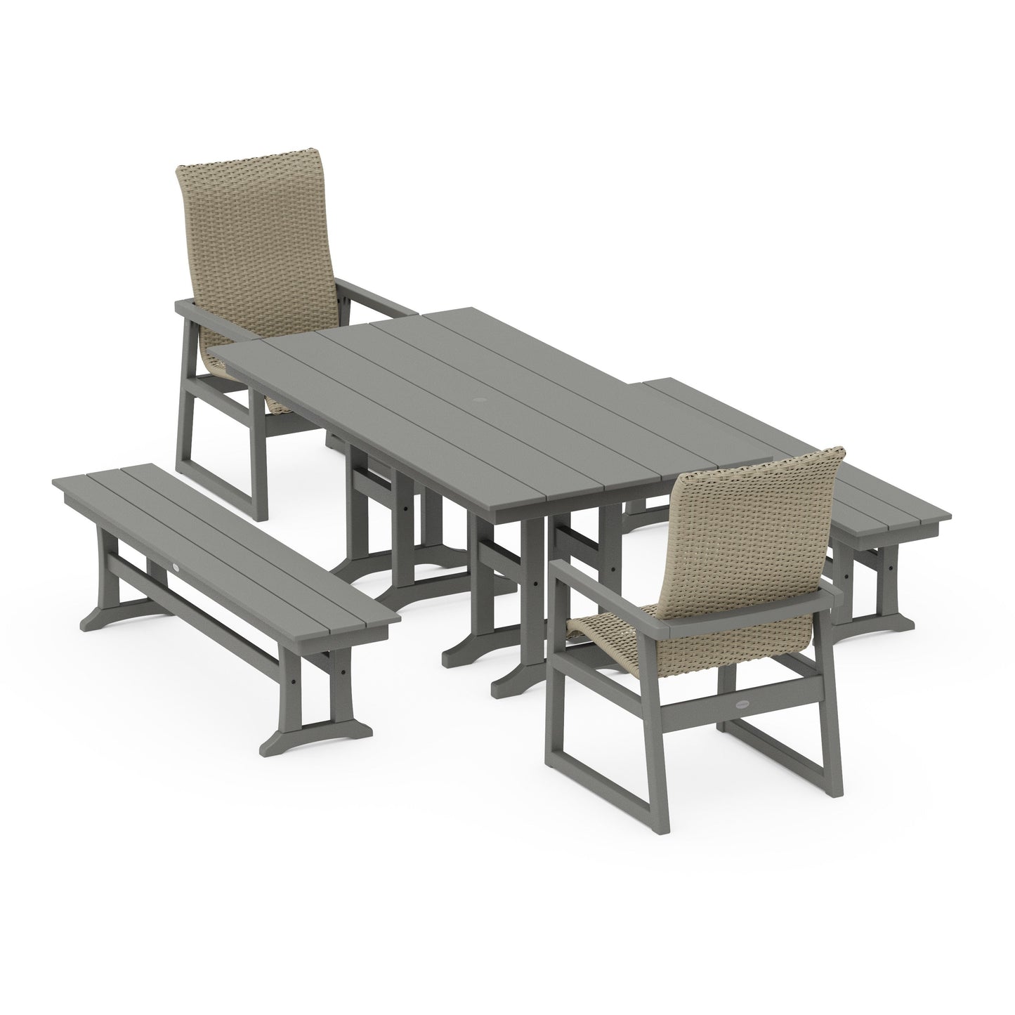 POLYWOOD EDGE Woven Highback 5-Piece Farmhouse Dining Set with Benches — Slate Grey / Dune Grass