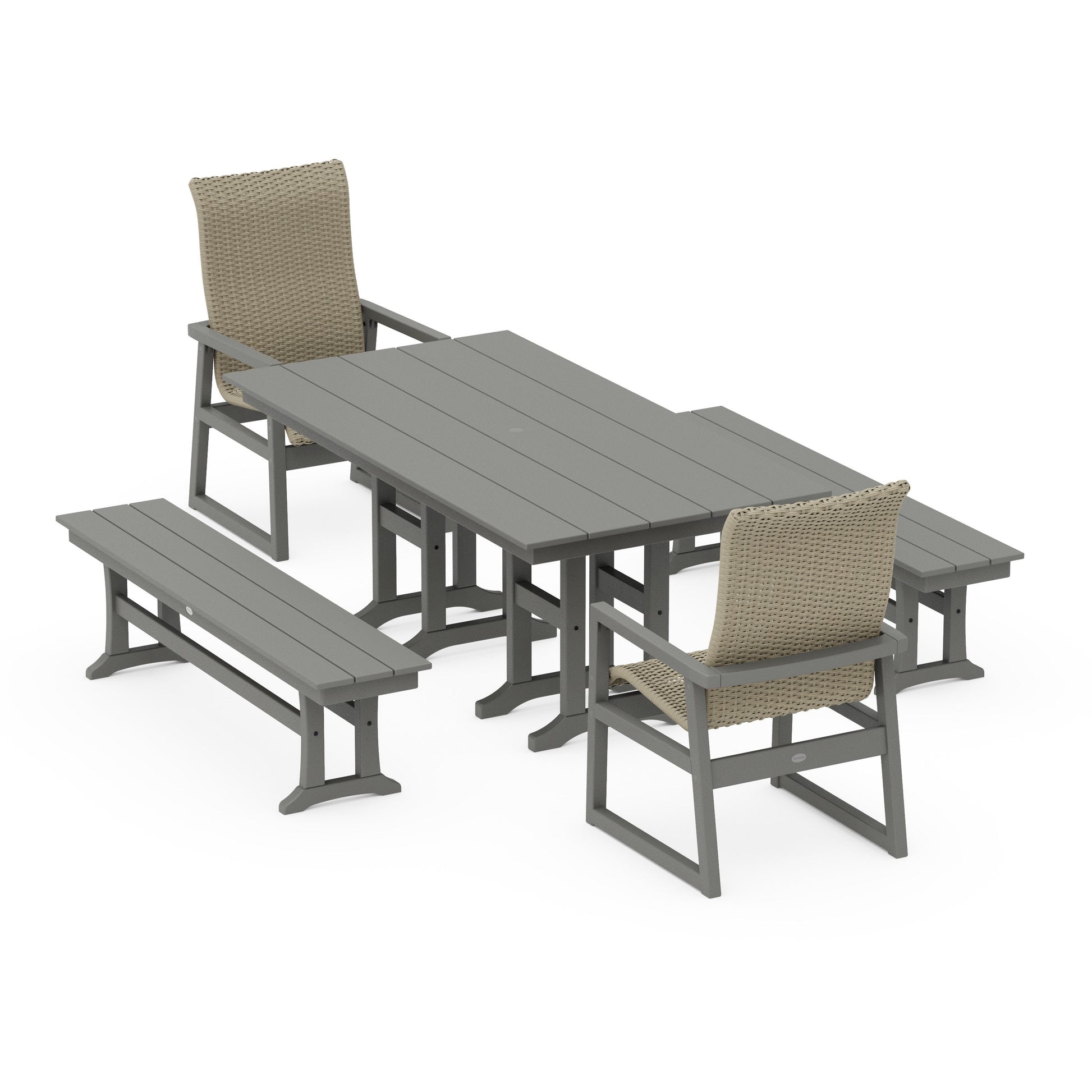 POLYWOOD EDGE Woven Highback 5-Piece Farmhouse Dining Set with Benches — Slate Grey / Dune Grass