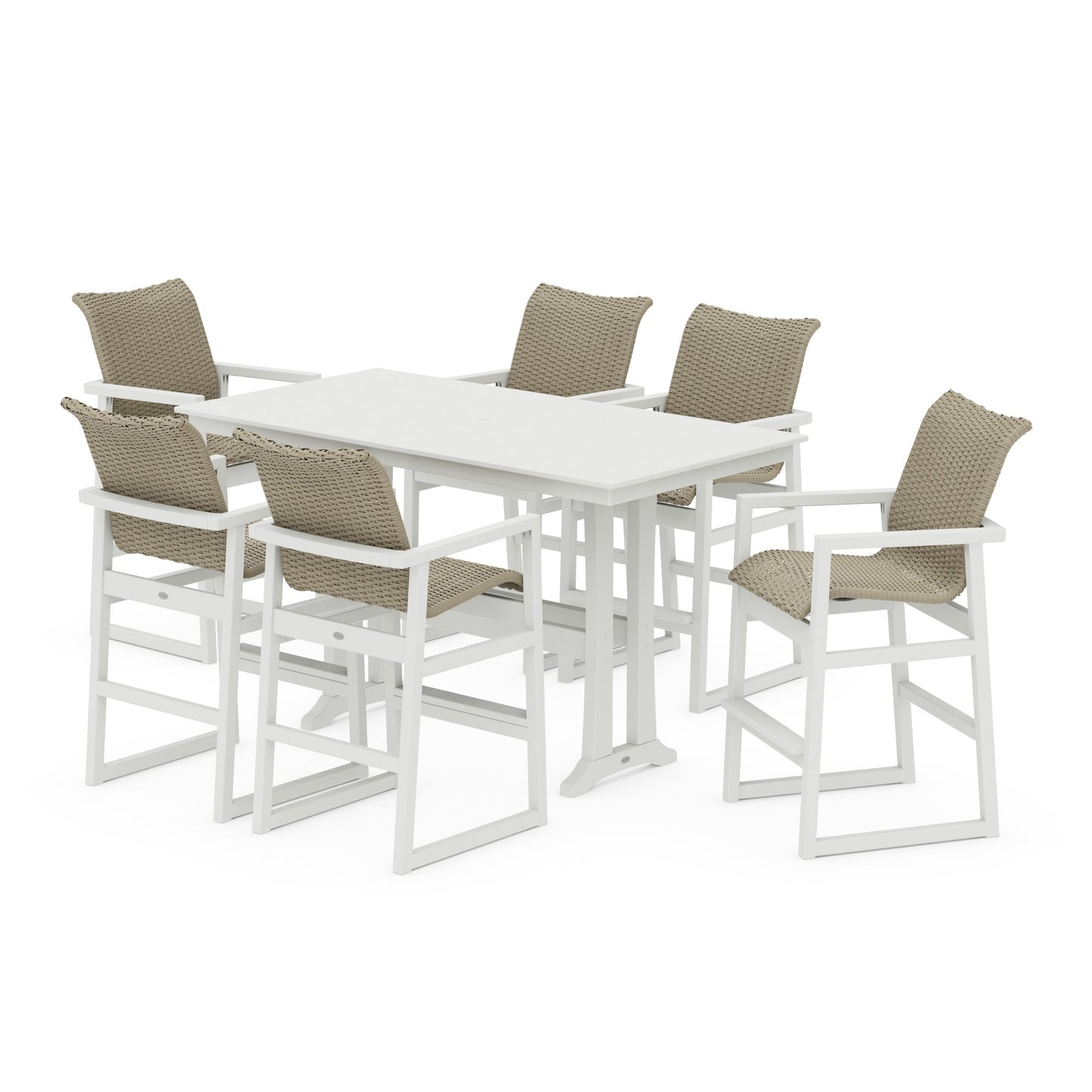 POLYWOOD EDGE Woven Arm Chair 7-Piece Farmhouse Bar Set with Trestle Legs — White / Dune Grass